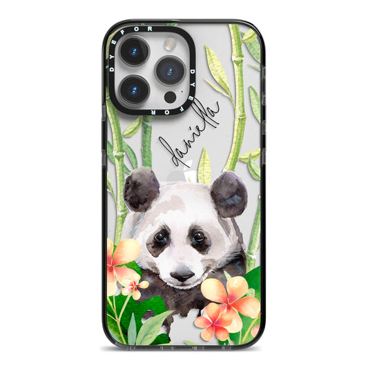 Personalised Panda iPhone 14 Pro Max Black Impact Case on Silver phone