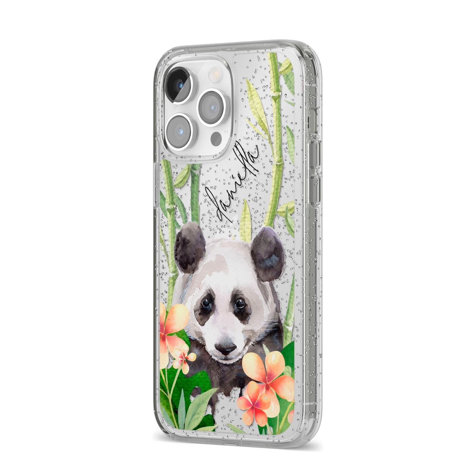 Personalised Panda iPhone 14 Pro Max Glitter Tough Case Silver Angled Image