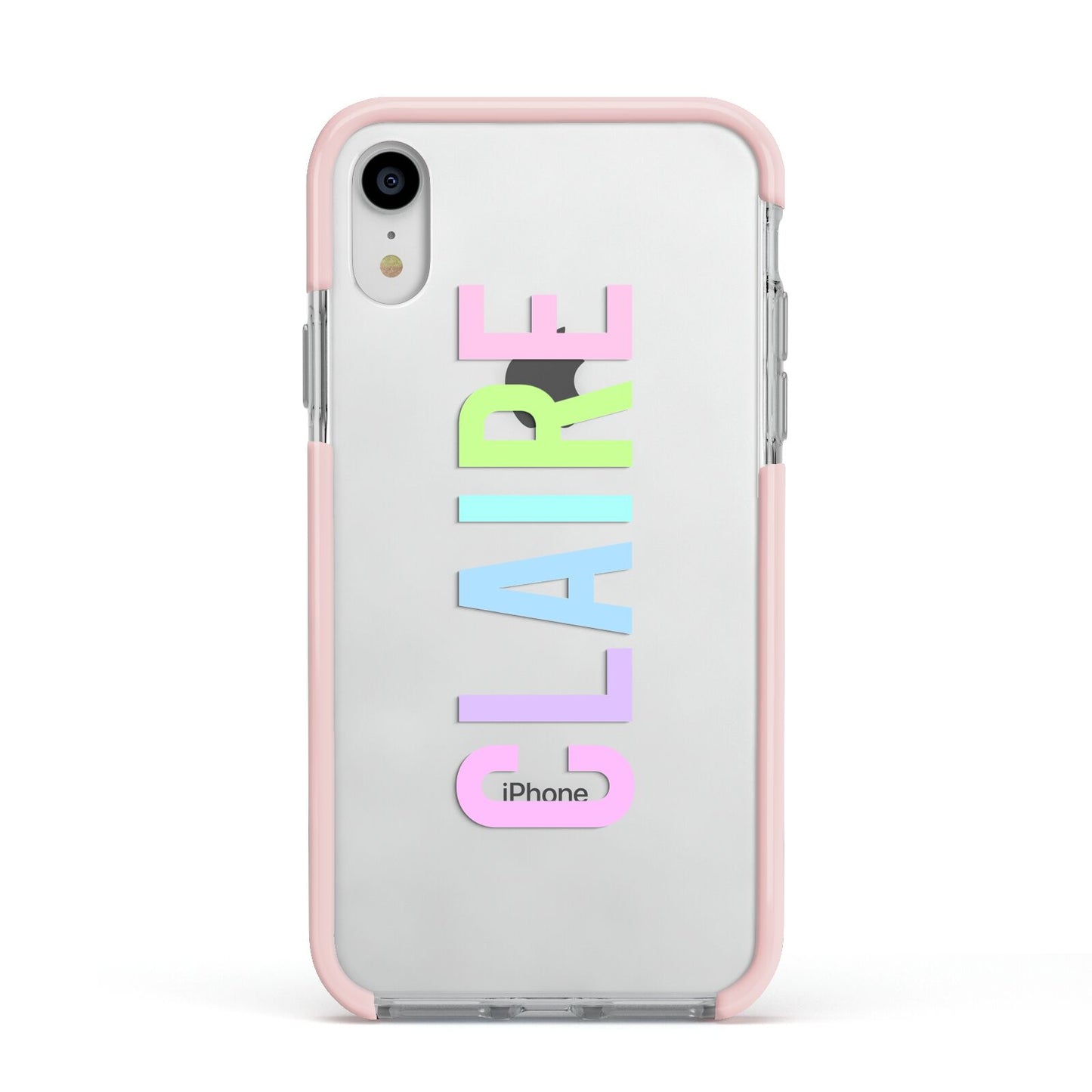 Personalised Pastel Colour Name Apple iPhone XR Impact Case Pink Edge on Silver Phone