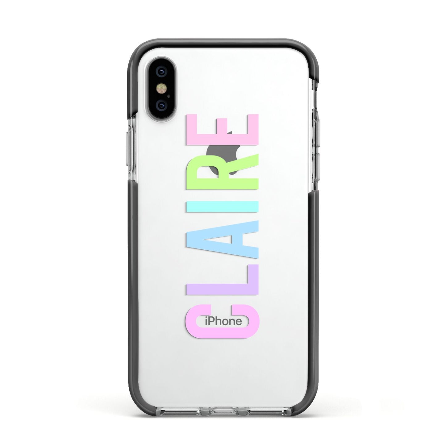 Personalised Pastel Colour Name Apple iPhone Xs Impact Case Black Edge on Silver Phone