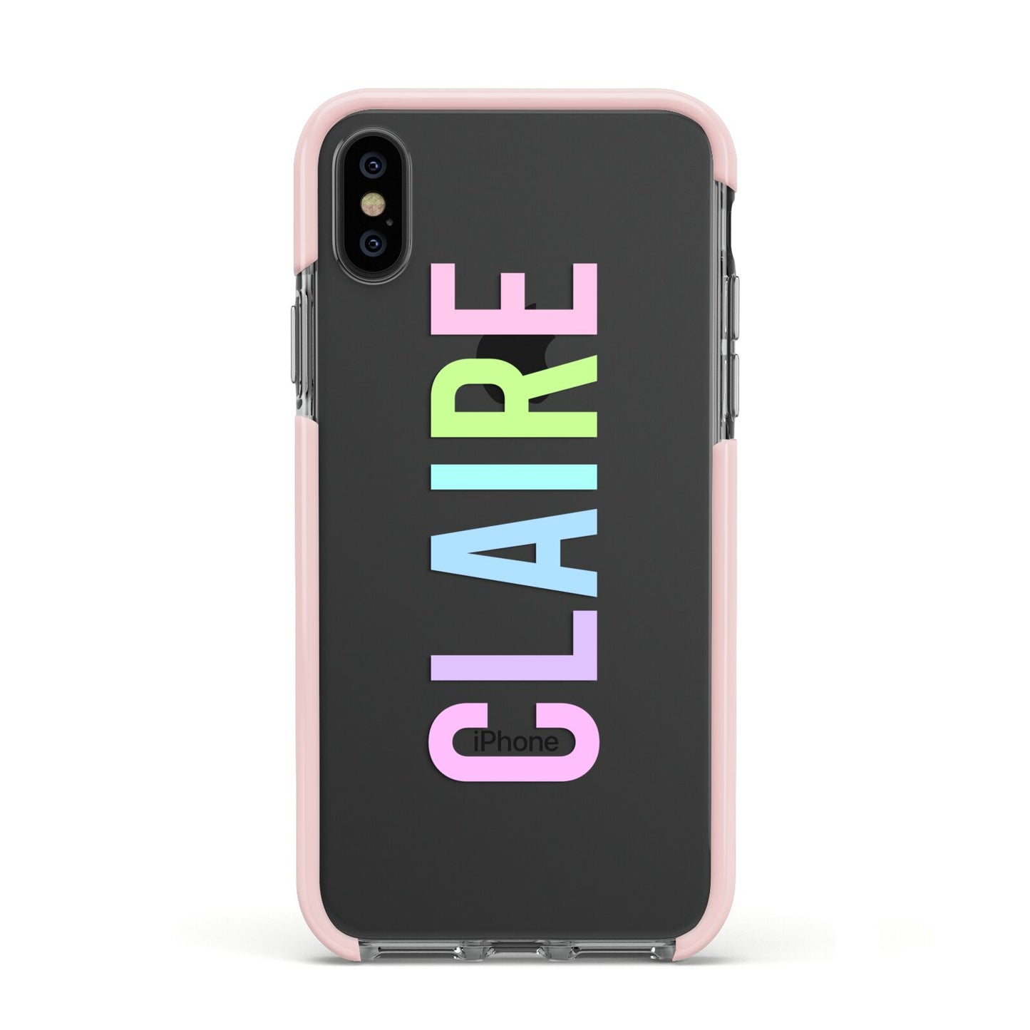 Personalised Pastel Colour Name Apple iPhone Xs Impact Case Pink Edge on Black Phone