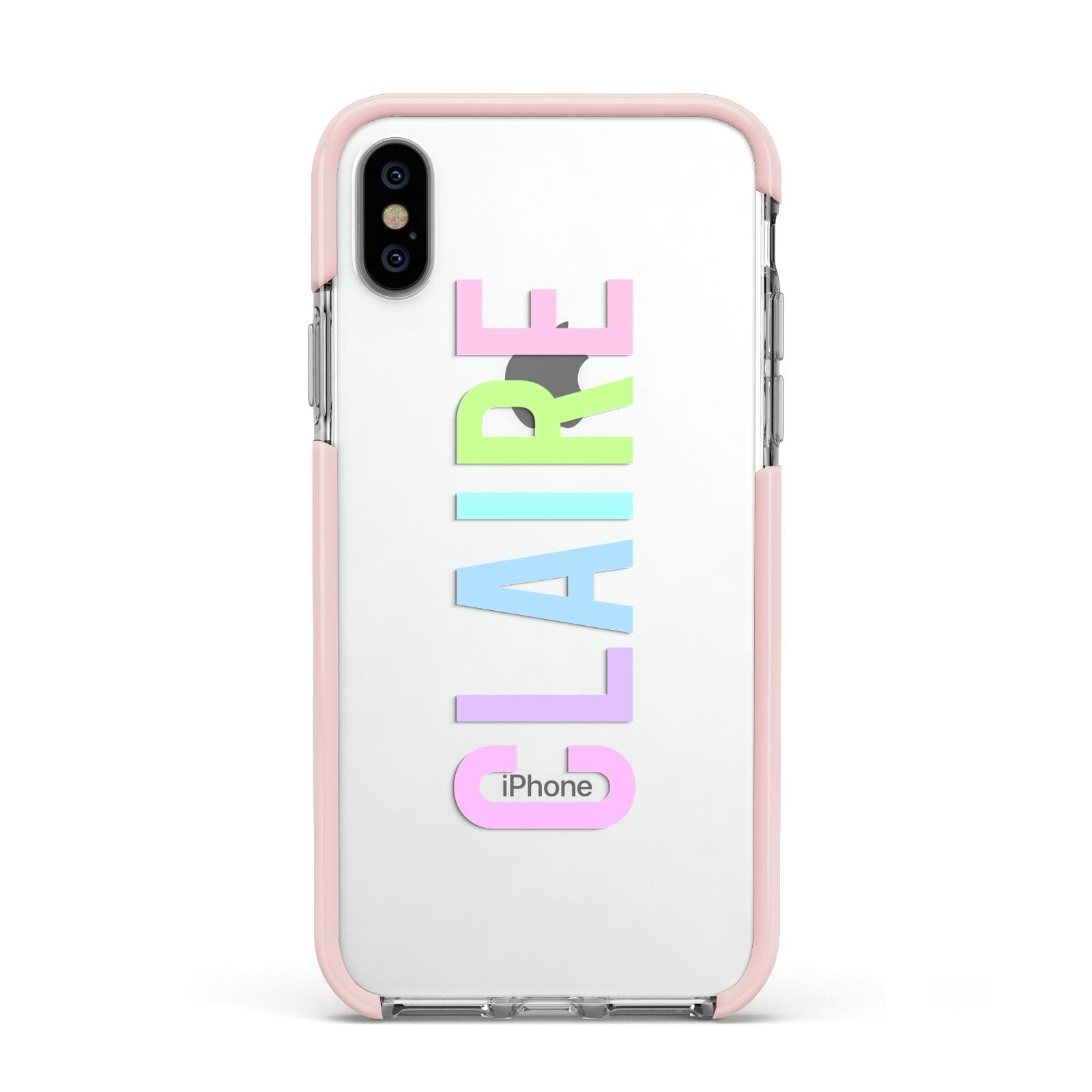 Personalised Pastel Colour Name Apple iPhone Xs Impact Case Pink Edge on Silver Phone