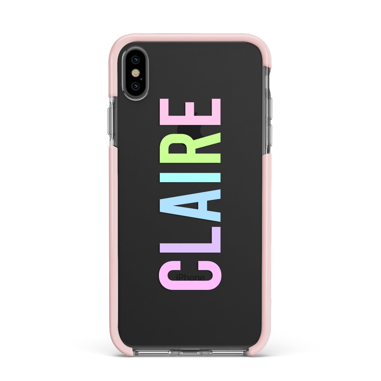 Personalised Pastel Colour Name Apple iPhone Xs Max Impact Case Pink Edge on Black Phone