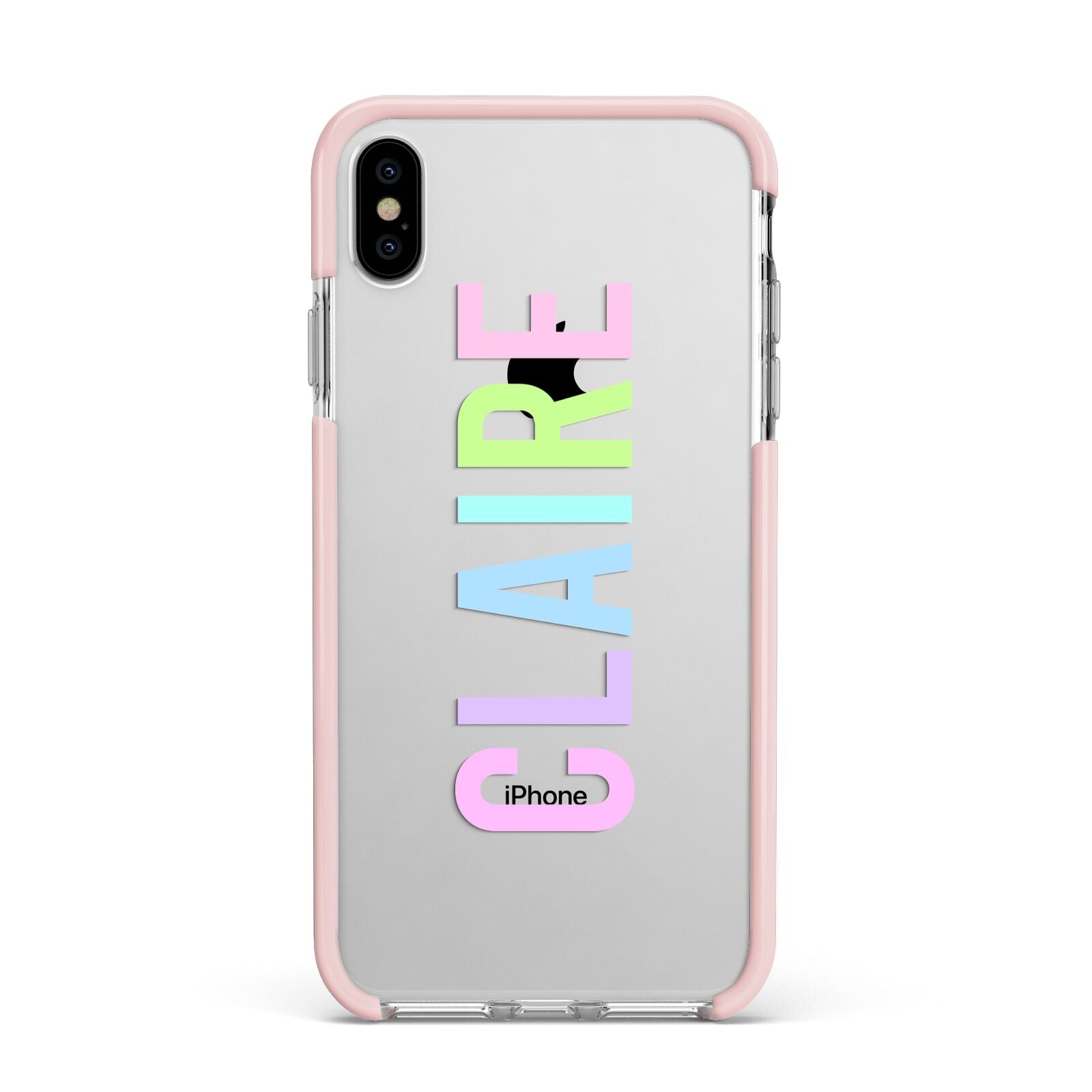 Personalised Pastel Colour Name Apple iPhone Xs Max Impact Case Pink Edge on Silver Phone