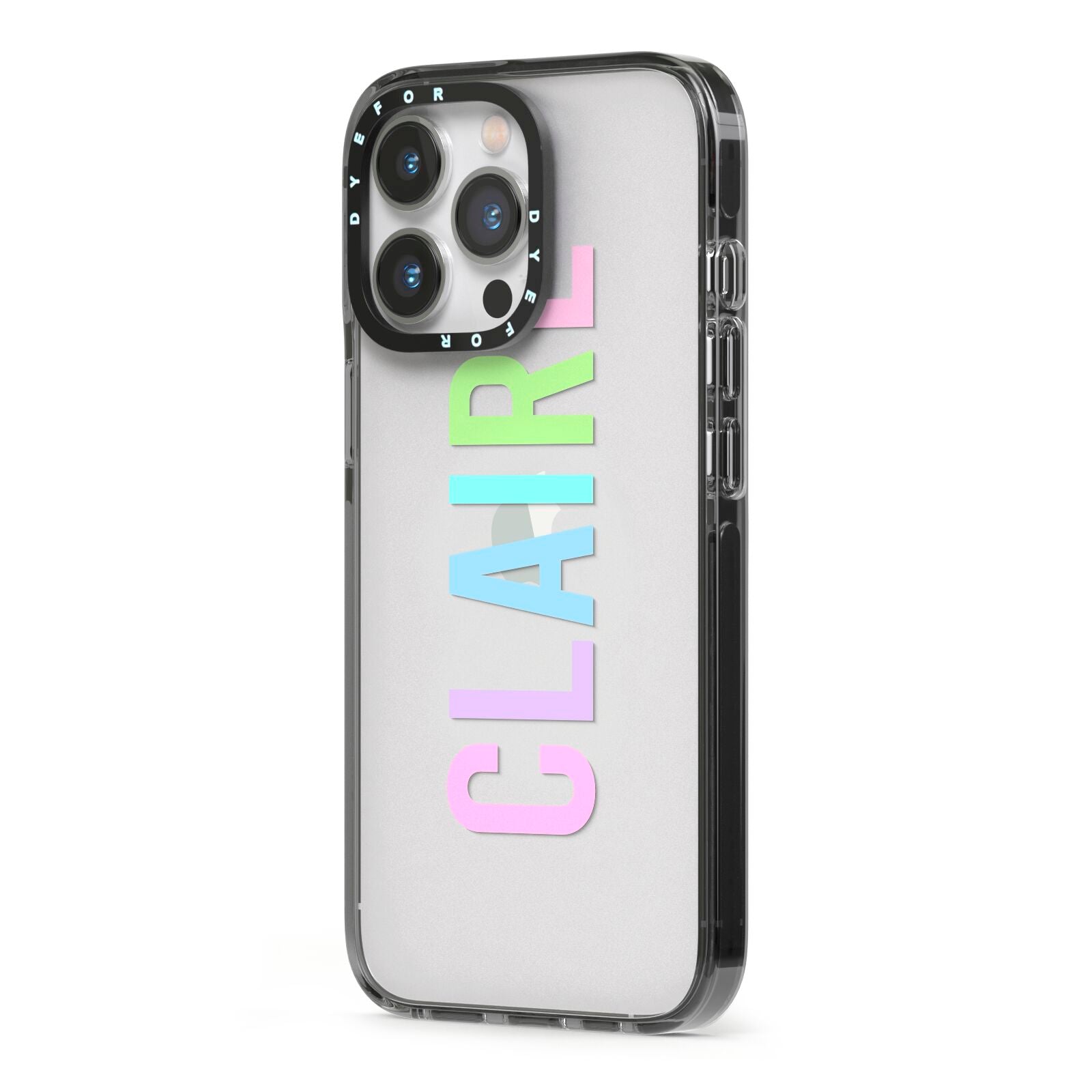 Personalised Pastel Colour Name iPhone 13 Pro Black Impact Case Side Angle on Silver phone