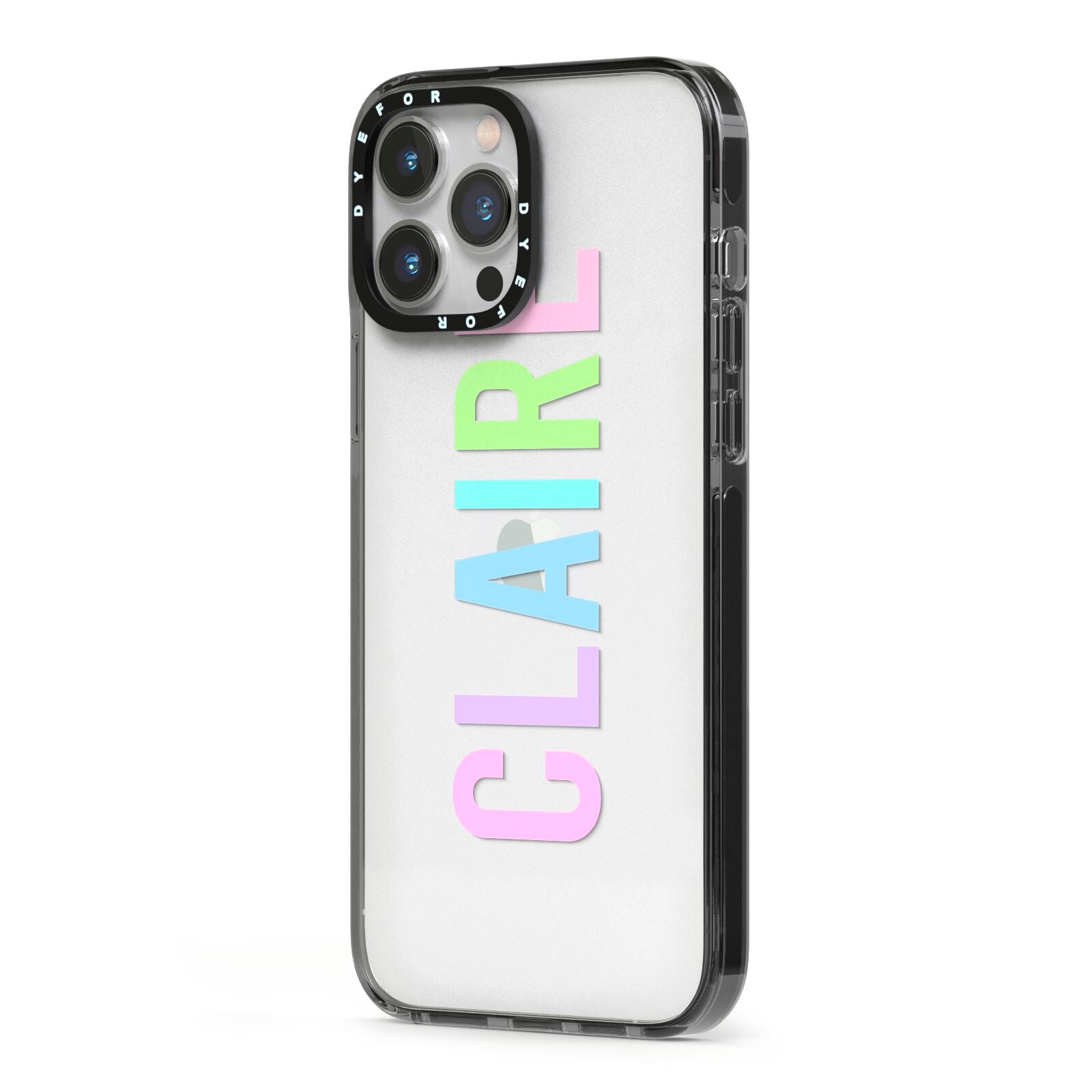 Personalised Pastel Colour Name iPhone 13 Pro Max Black Impact Case Side Angle on Silver phone