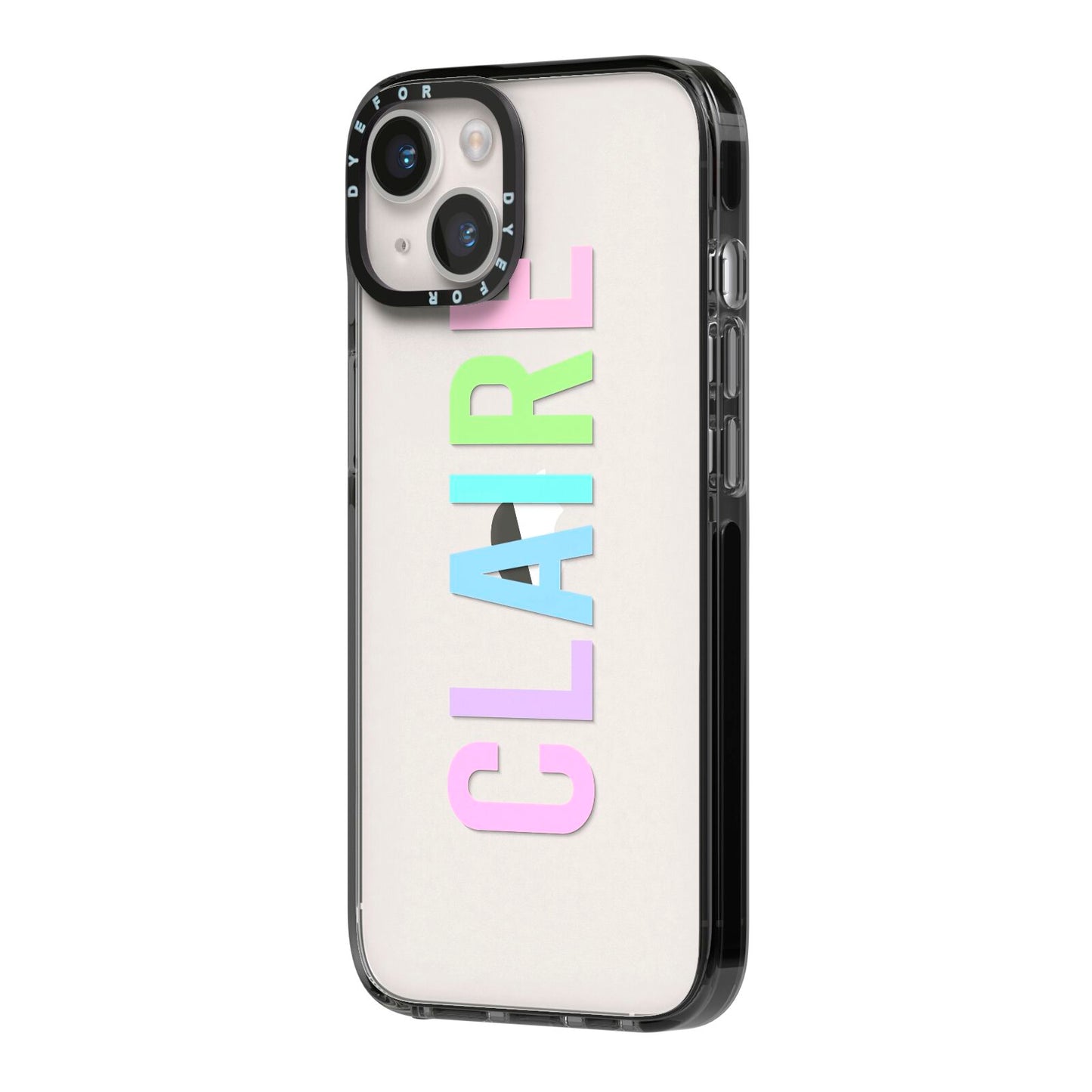 Personalised Pastel Colour Name iPhone 14 Black Impact Case Side Angle on Silver phone