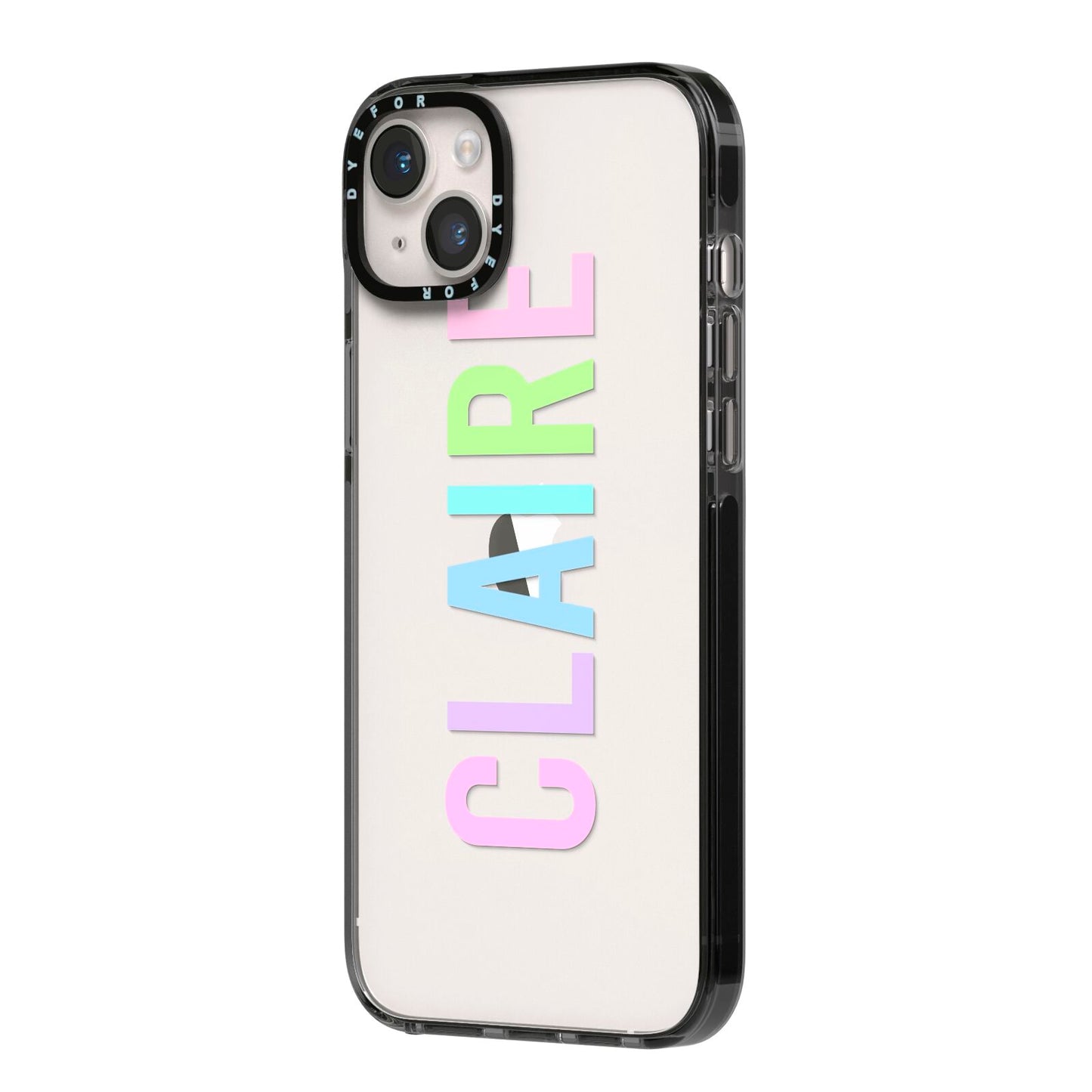 Personalised Pastel Colour Name iPhone 14 Plus Black Impact Case Side Angle on Silver phone