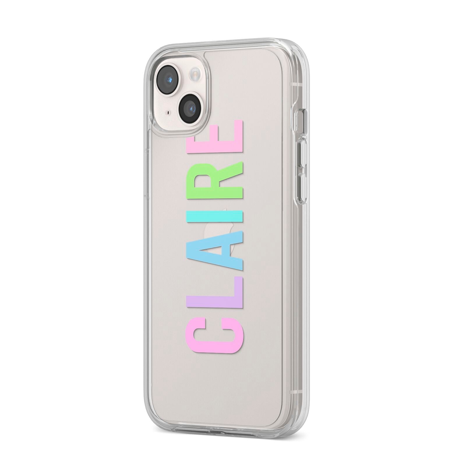 Personalised Pastel Colour Name iPhone 14 Plus Clear Tough Case Starlight Angled Image