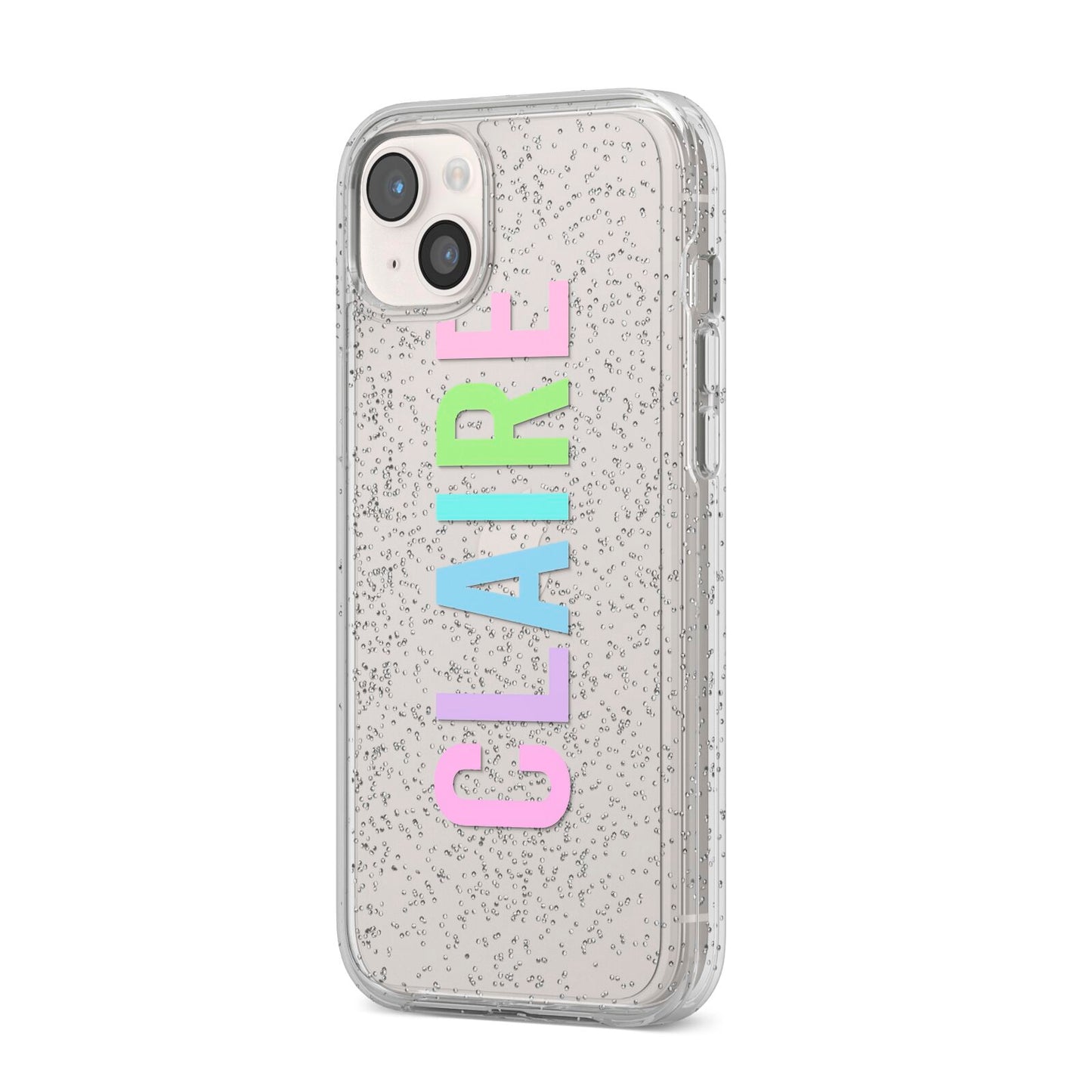 Personalised Pastel Colour Name iPhone 14 Plus Glitter Tough Case Starlight Angled Image