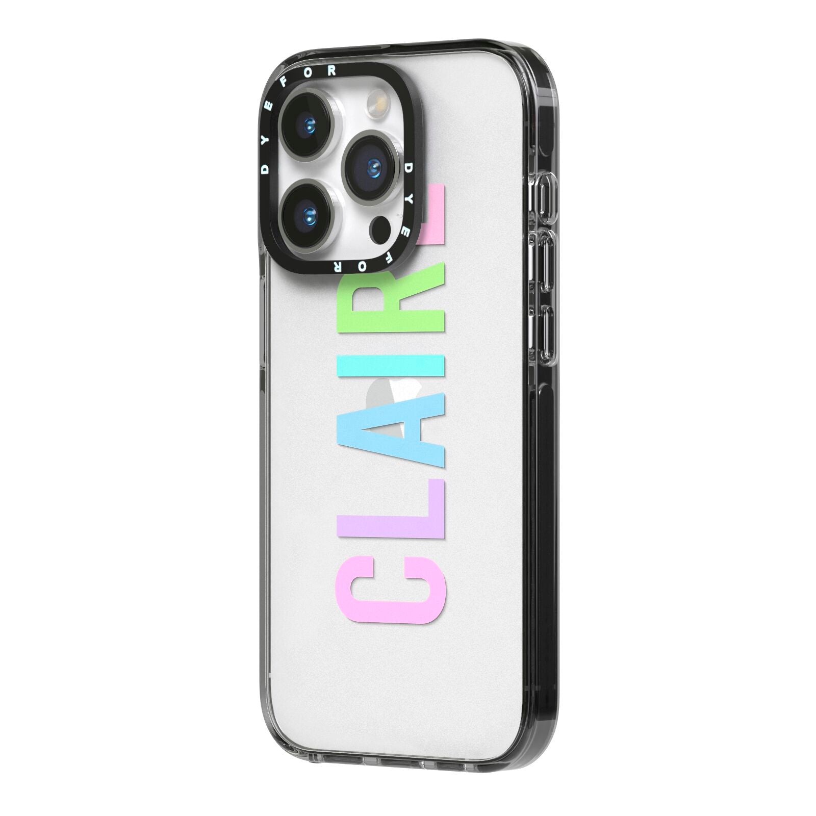 Personalised Pastel Colour Name iPhone 14 Pro Black Impact Case Side Angle on Silver phone