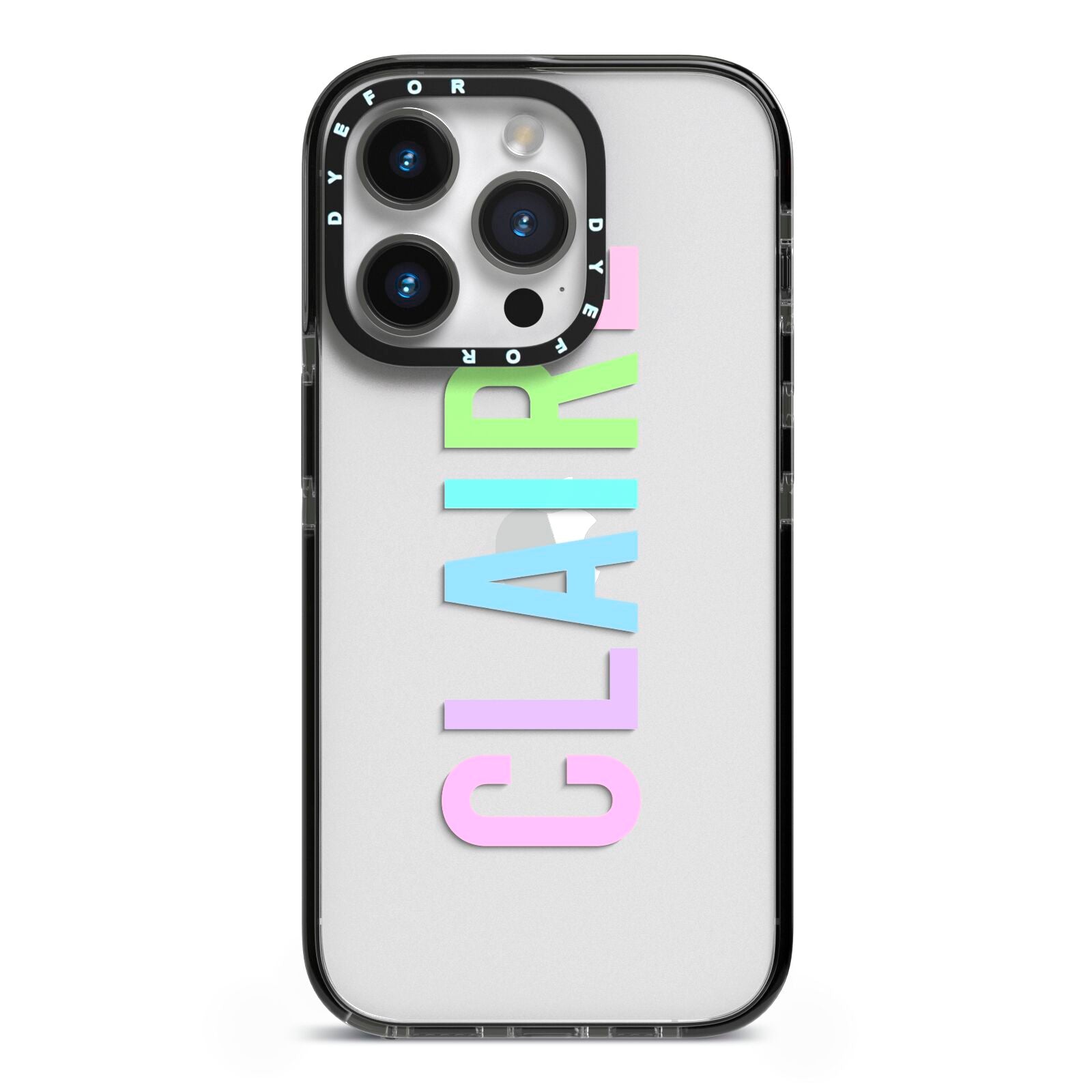 Personalised Pastel Colour Name iPhone 14 Pro Black Impact Case on Silver phone