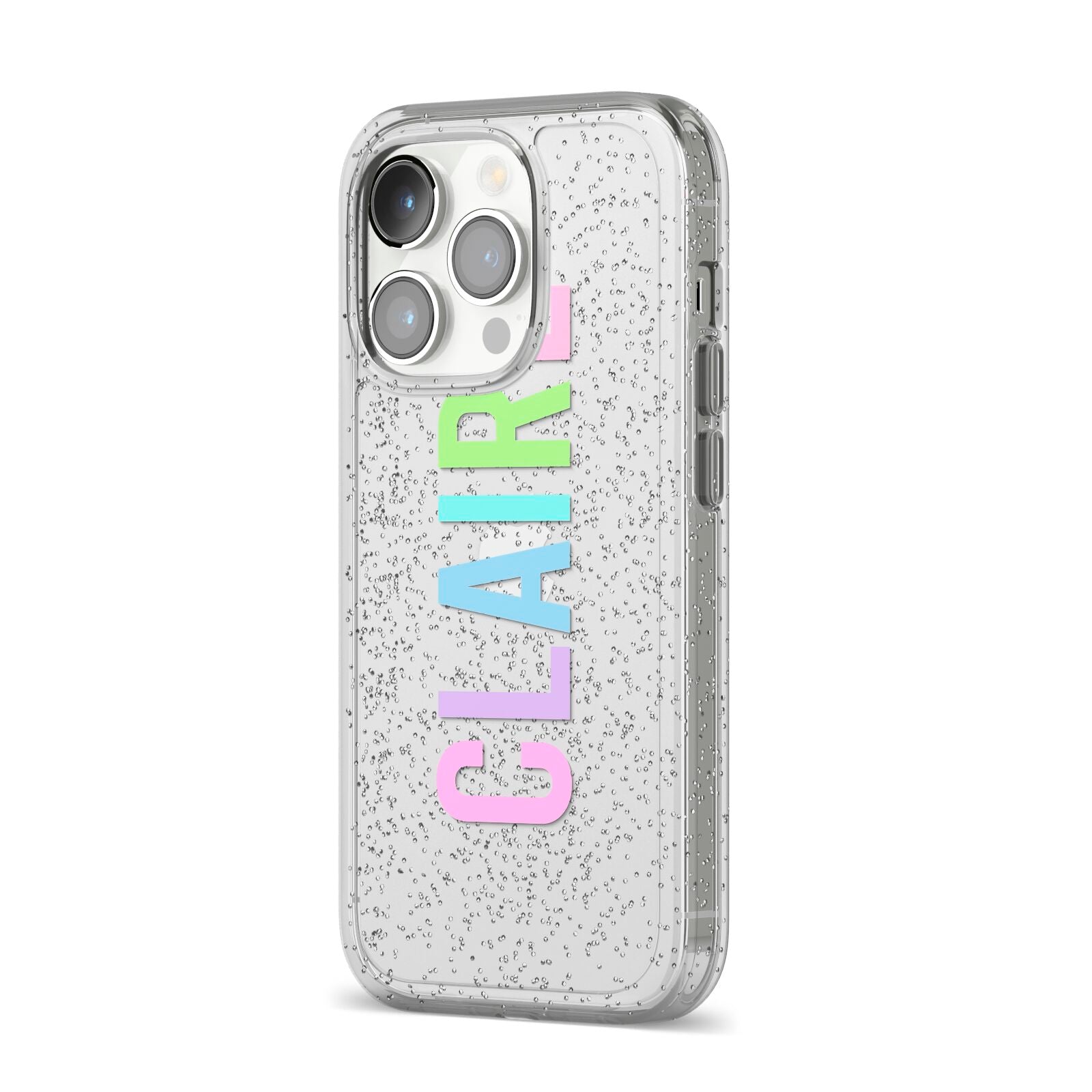 Personalised Pastel Colour Name iPhone 14 Pro Glitter Tough Case Silver Angled Image