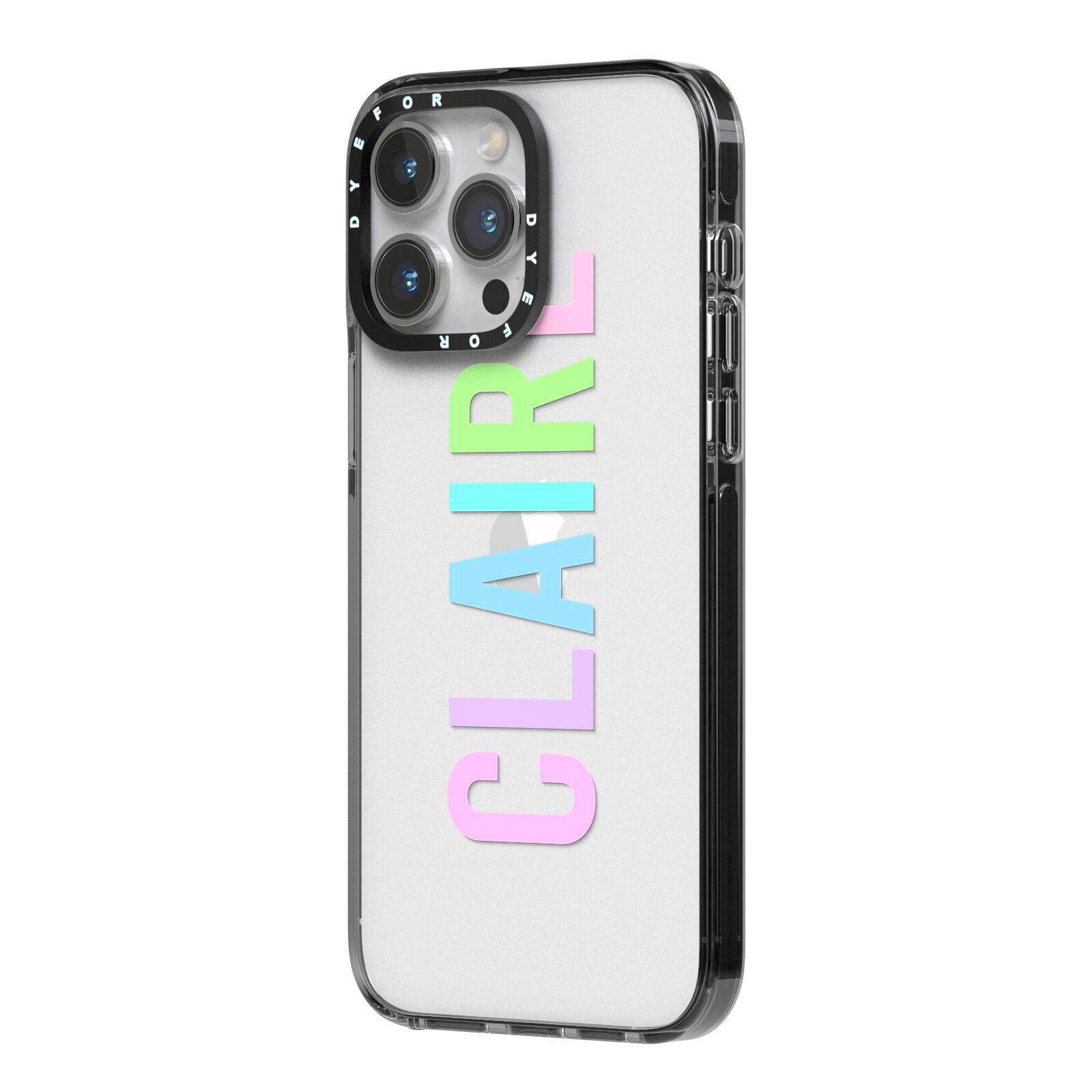 Personalised Pastel Colour Name iPhone 14 Pro Max Black Impact Case Side Angle on Silver phone