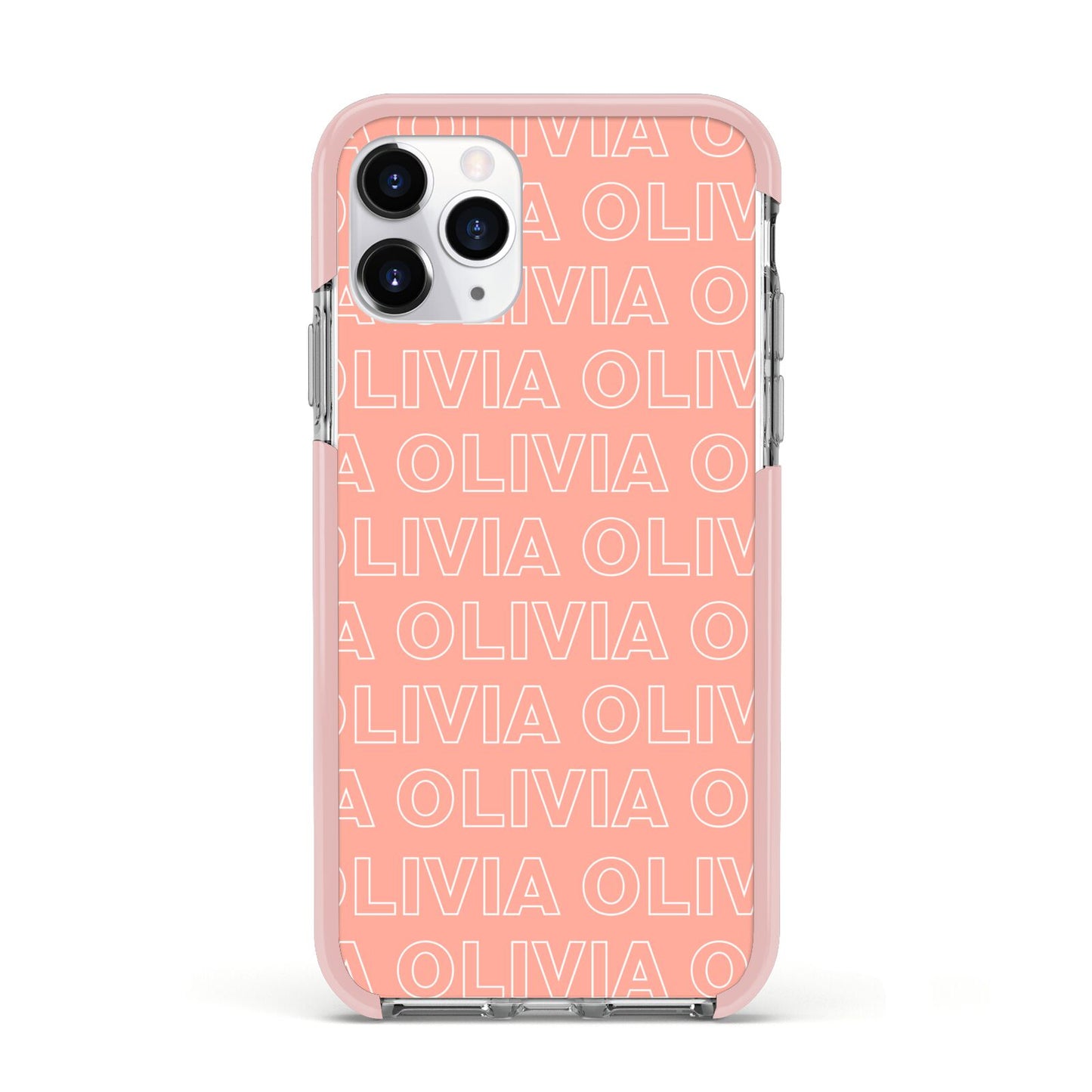 Personalised Peach Name Apple iPhone 11 Pro in Silver with Pink Impact Case