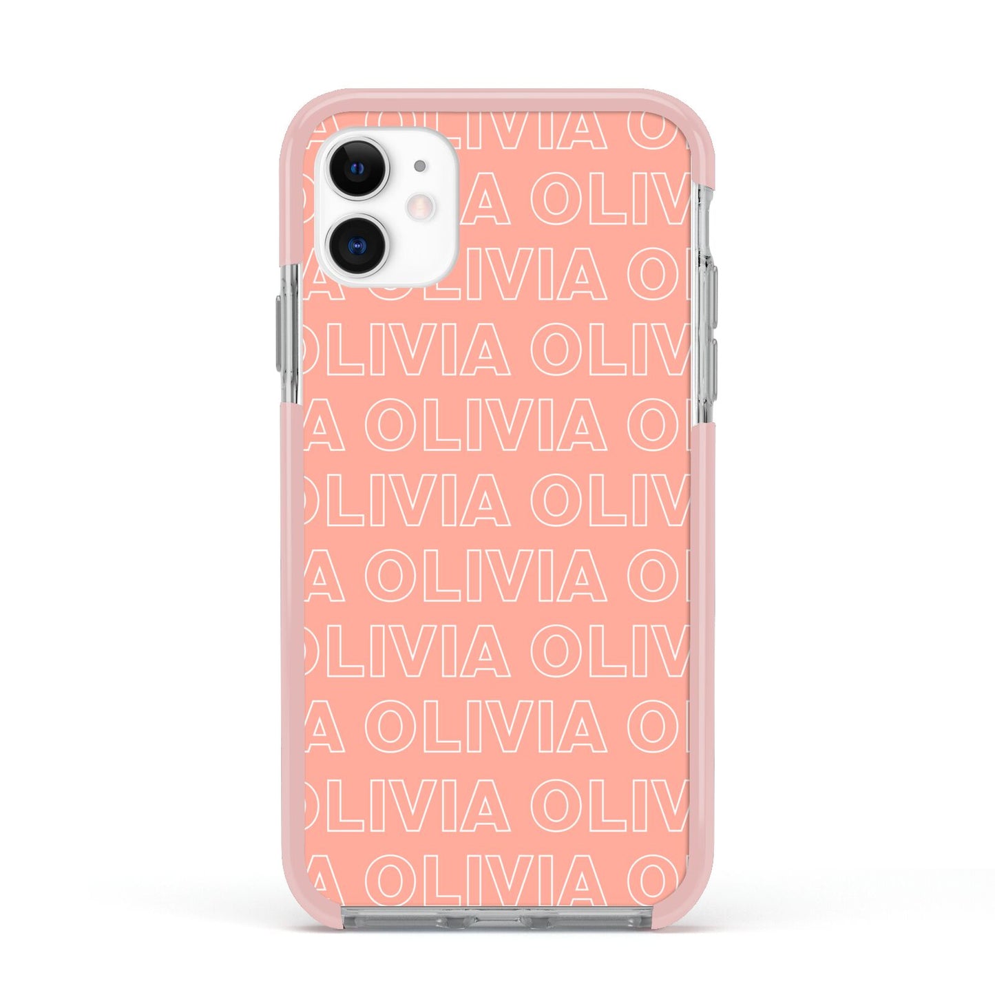 Personalised Peach Name Apple iPhone 11 in White with Pink Impact Case