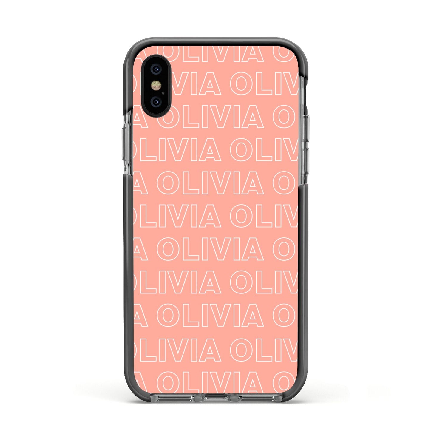 Personalised Peach Name Apple iPhone Xs Impact Case Black Edge on Black Phone