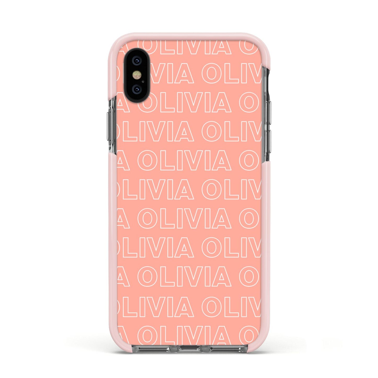 Personalised Peach Name Apple iPhone Xs Impact Case Pink Edge on Black Phone