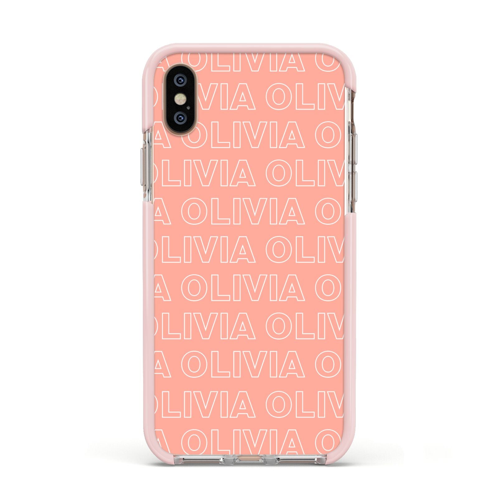 Personalised Peach Name Apple iPhone Xs Impact Case Pink Edge on Gold Phone