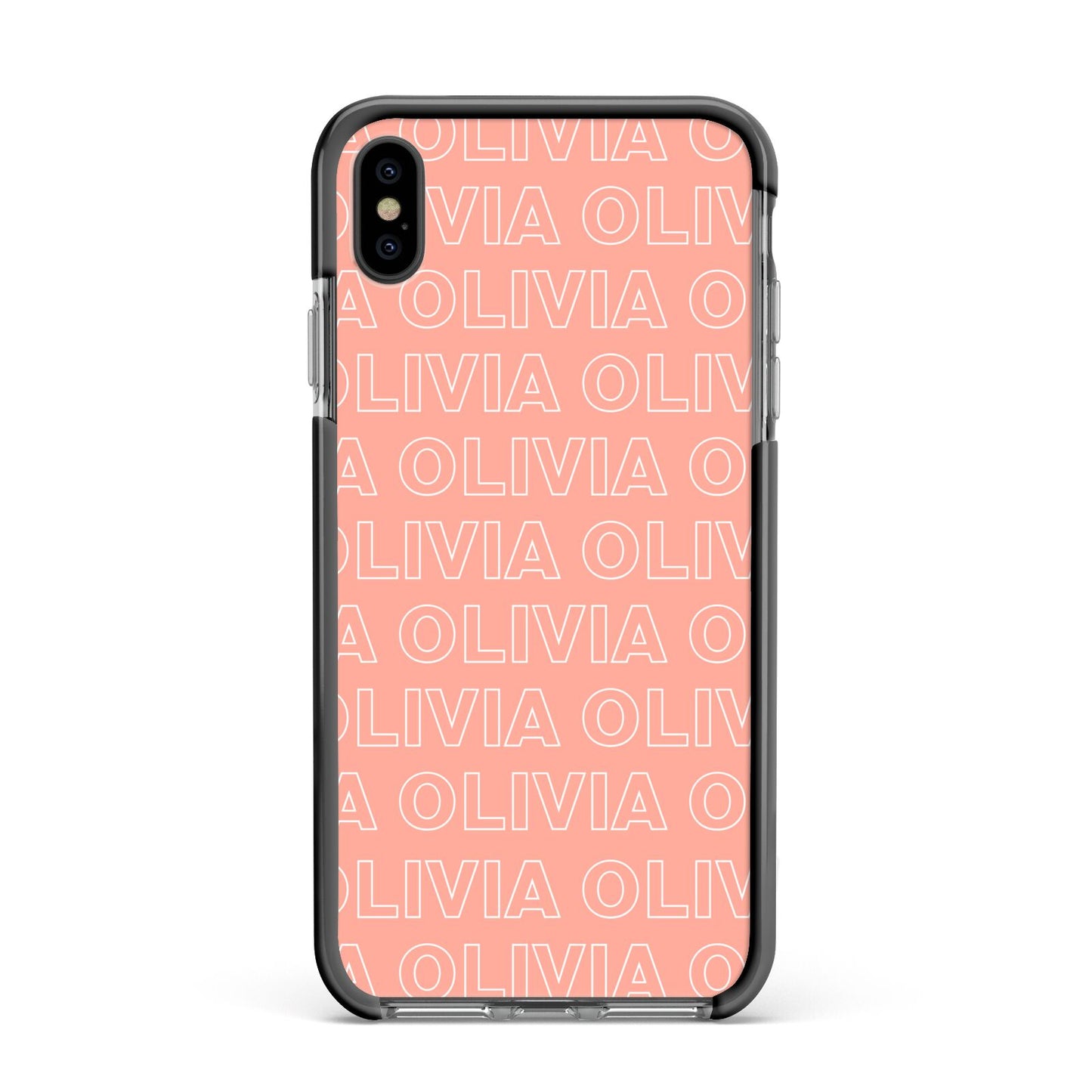 Personalised Peach Name Apple iPhone Xs Max Impact Case Black Edge on Black Phone