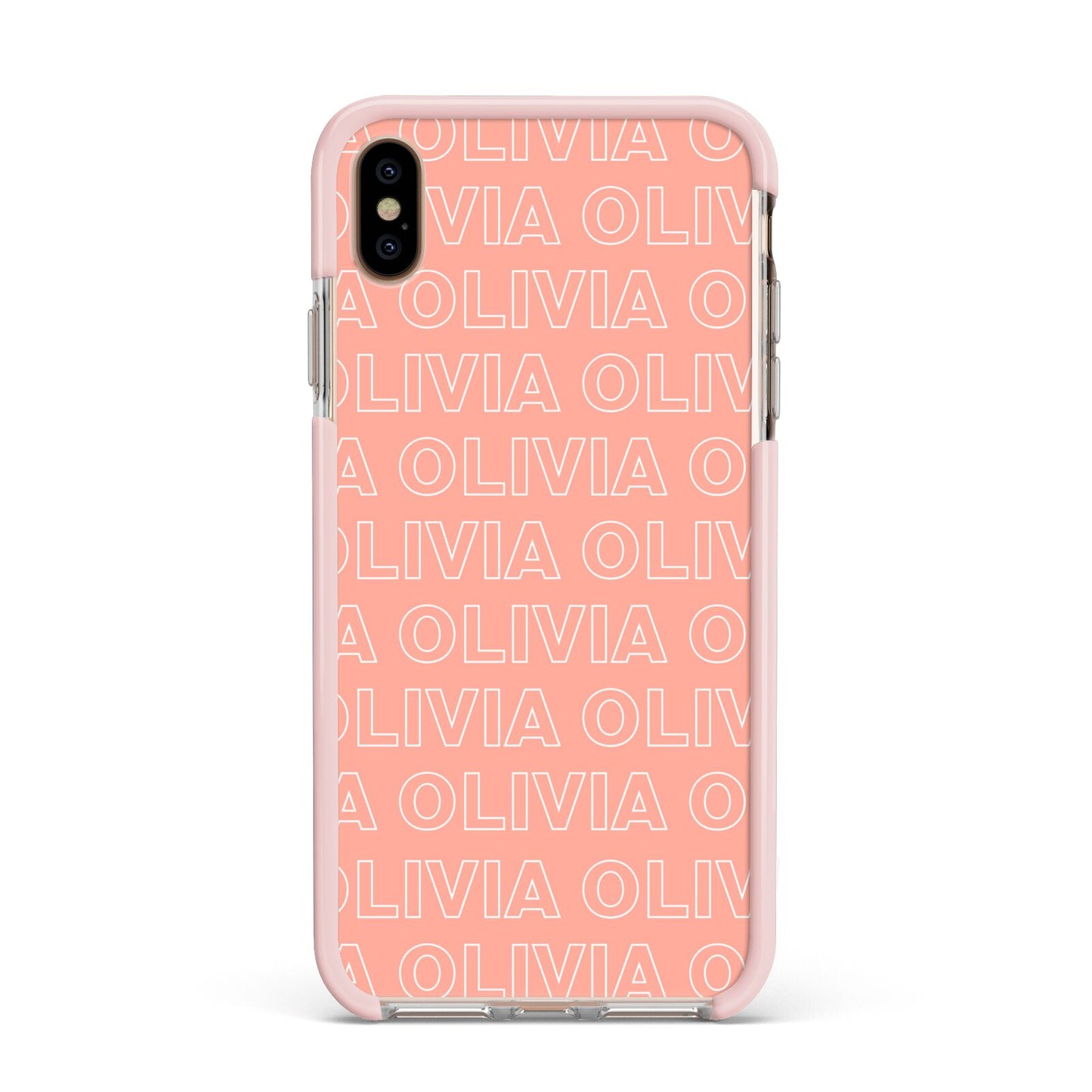 Personalised Peach Name Apple iPhone Xs Max Impact Case Pink Edge on Gold Phone