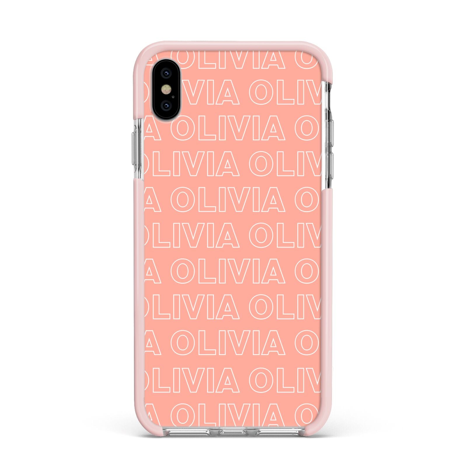 Personalised Peach Name Apple iPhone Xs Max Impact Case Pink Edge on Silver Phone