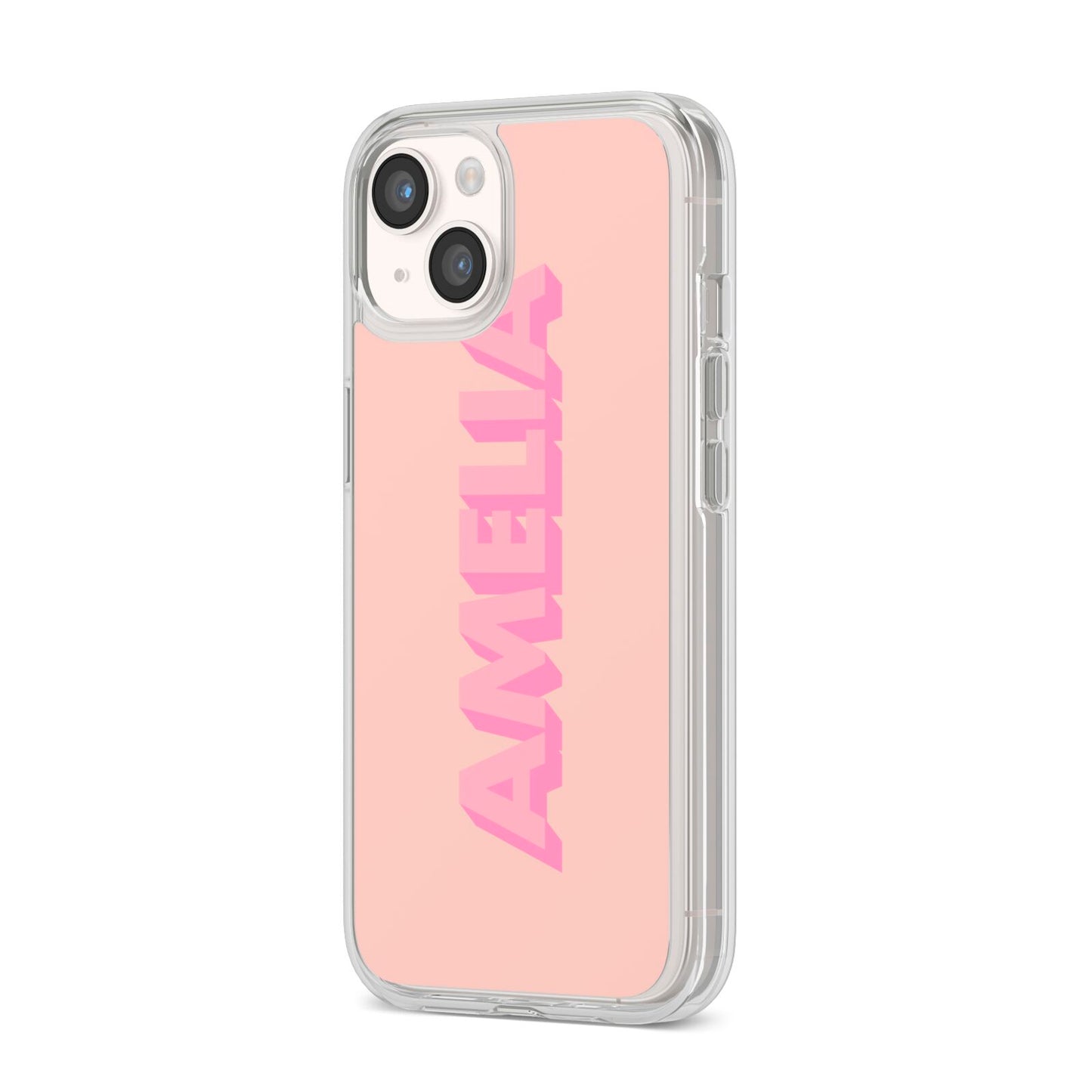 Personalised Peach Pink Name iPhone 14 Clear Tough Case Starlight Angled Image