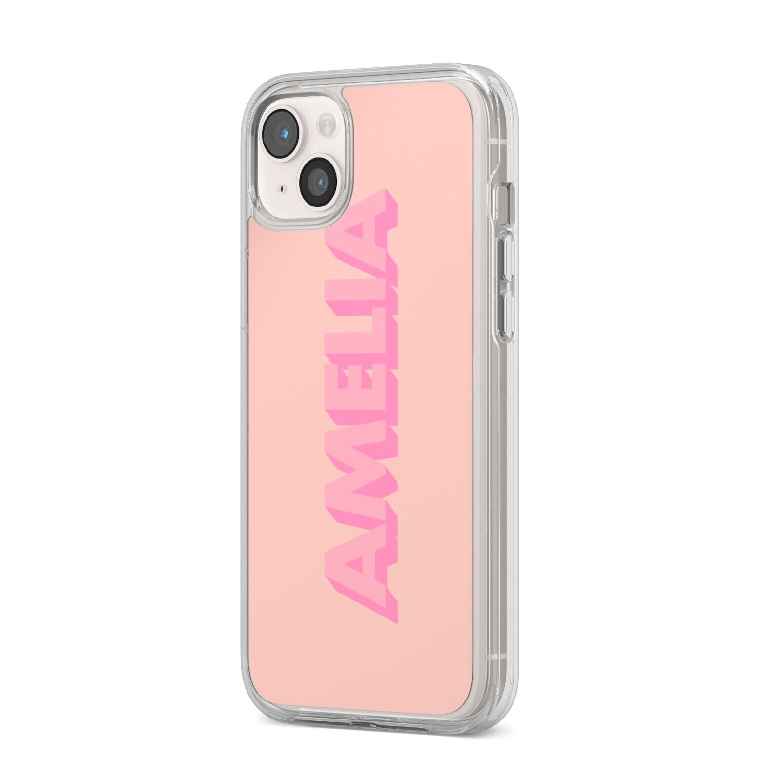 Personalised Peach Pink Name iPhone 14 Plus Clear Tough Case Starlight Angled Image