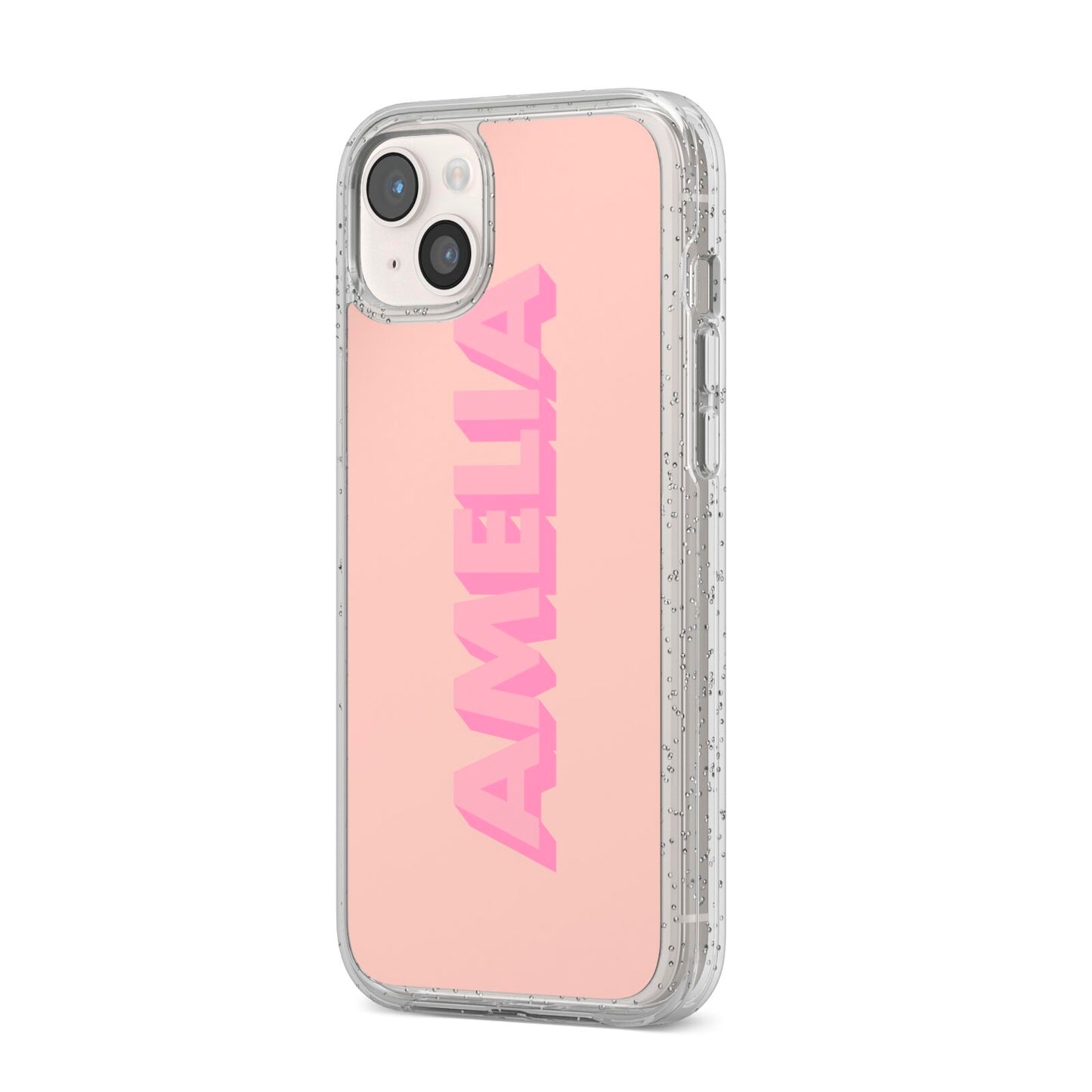 Personalised Peach Pink Name iPhone 14 Plus Glitter Tough Case Starlight Angled Image