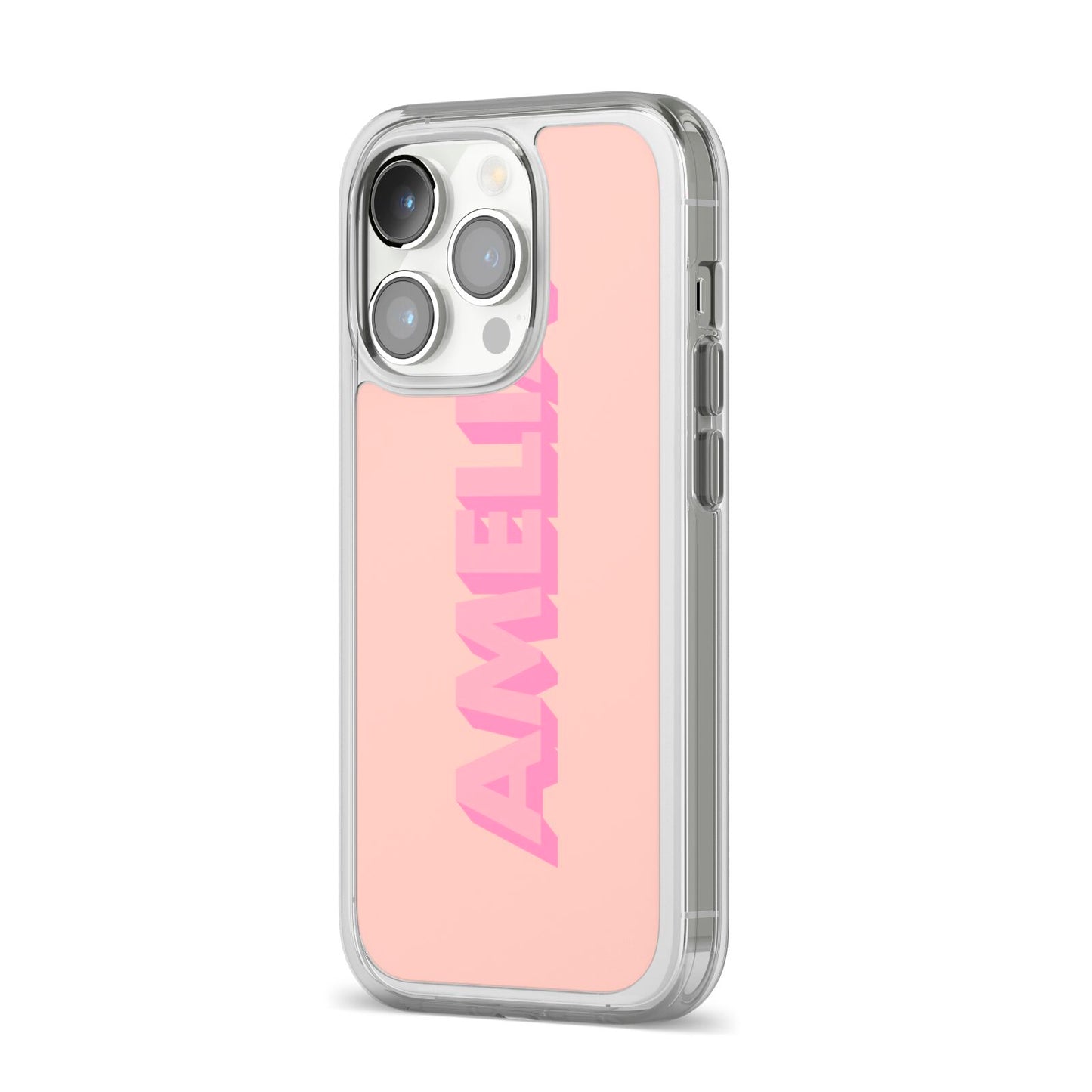 Personalised Peach Pink Name iPhone 14 Pro Clear Tough Case Silver Angled Image