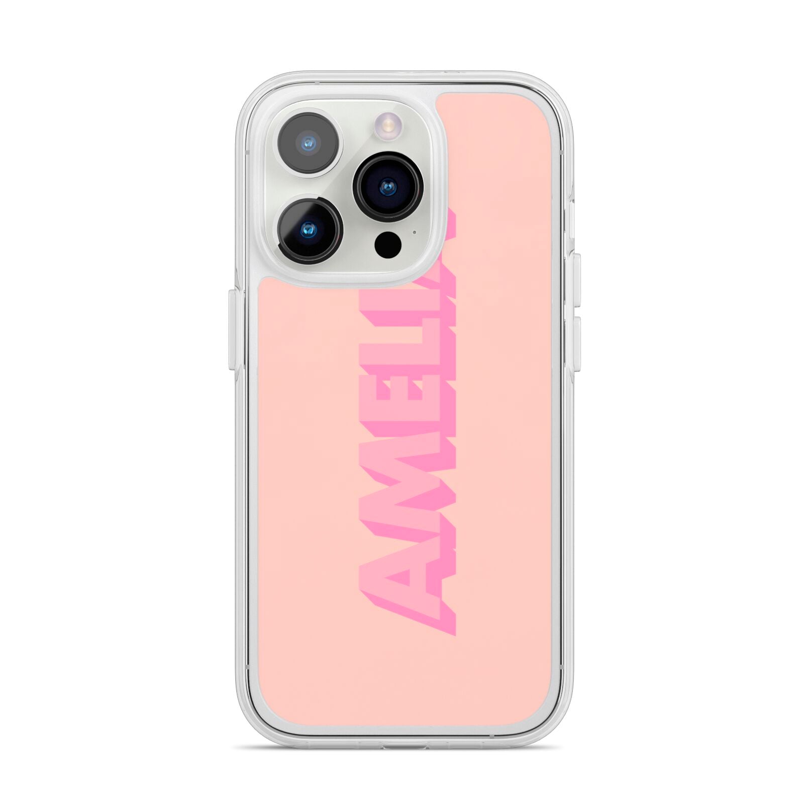 Personalised Peach Pink Name iPhone 14 Pro Clear Tough Case Silver