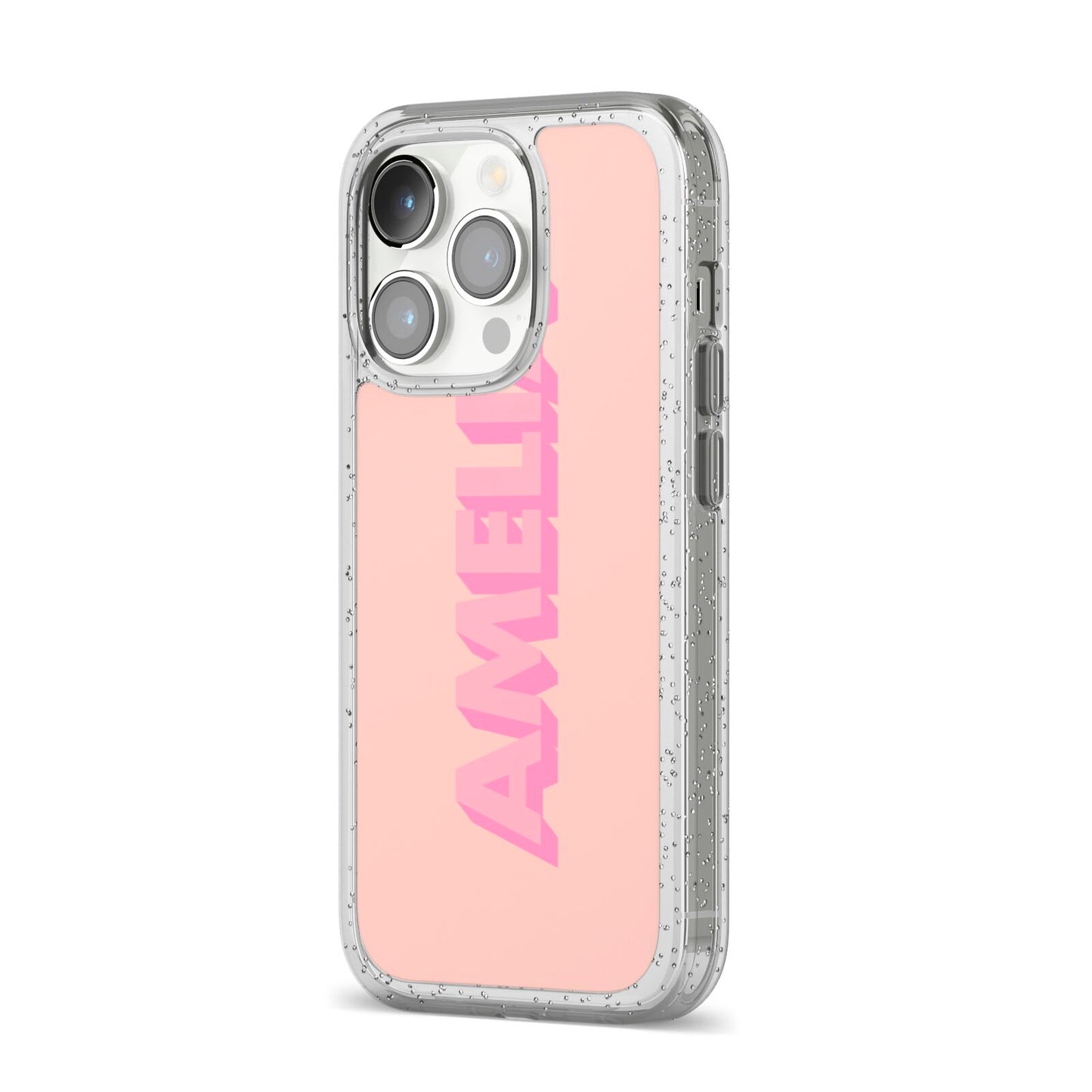 Personalised Peach Pink Name iPhone 14 Pro Glitter Tough Case Silver Angled Image