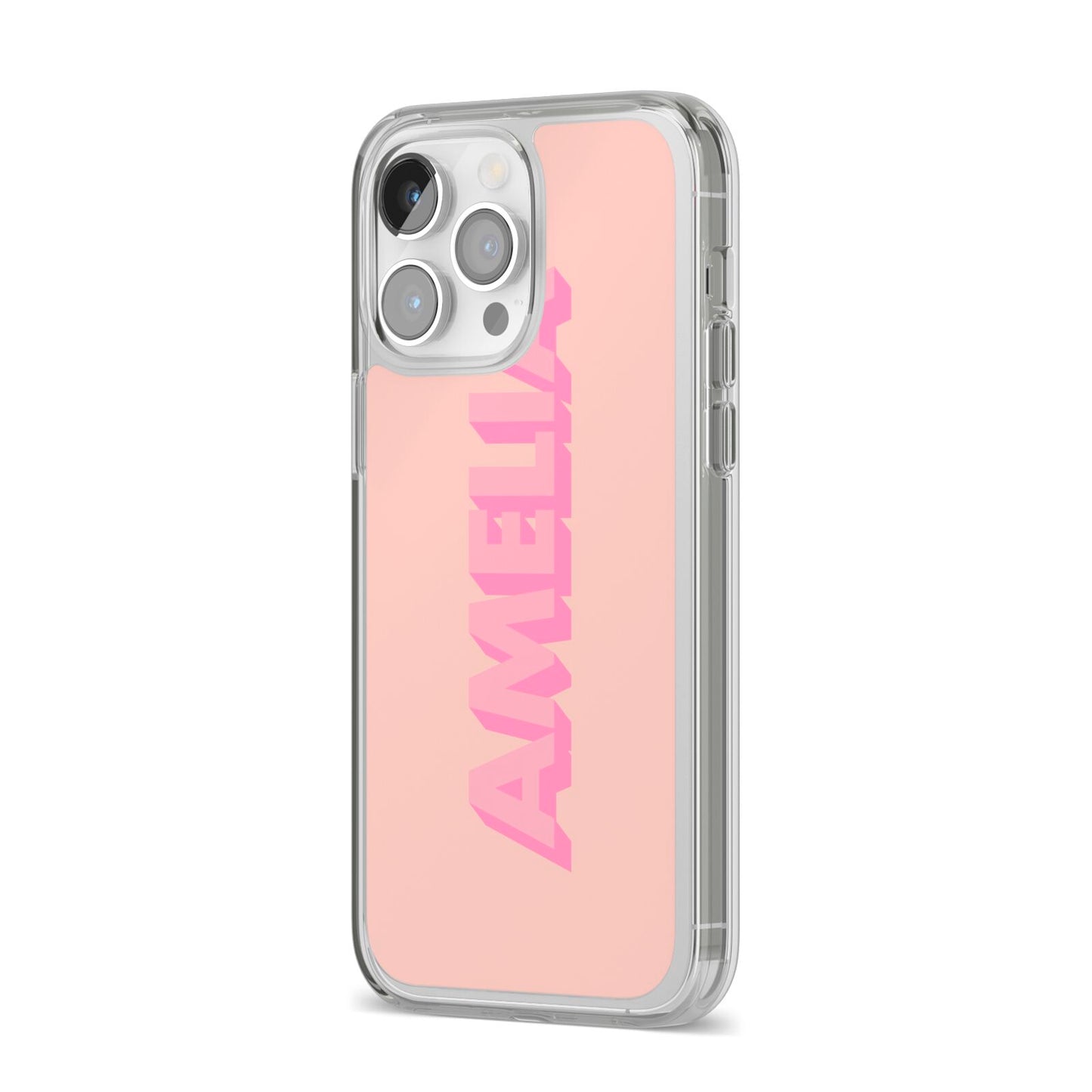 Personalised Peach Pink Name iPhone 14 Pro Max Clear Tough Case Silver Angled Image