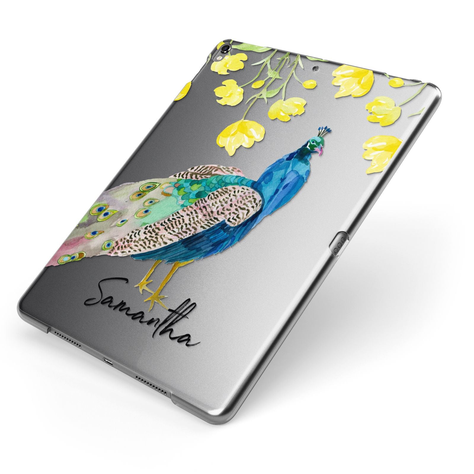 Personalised Peacock Apple iPad Case on Grey iPad Side View