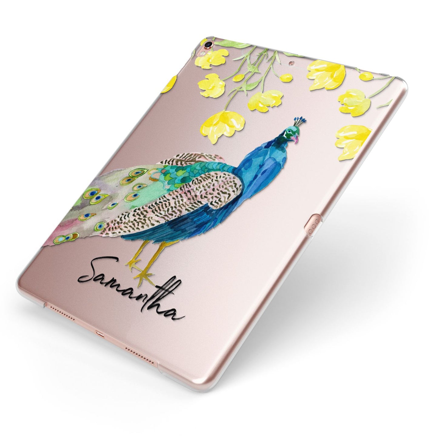 Personalised Peacock Apple iPad Case on Rose Gold iPad Side View