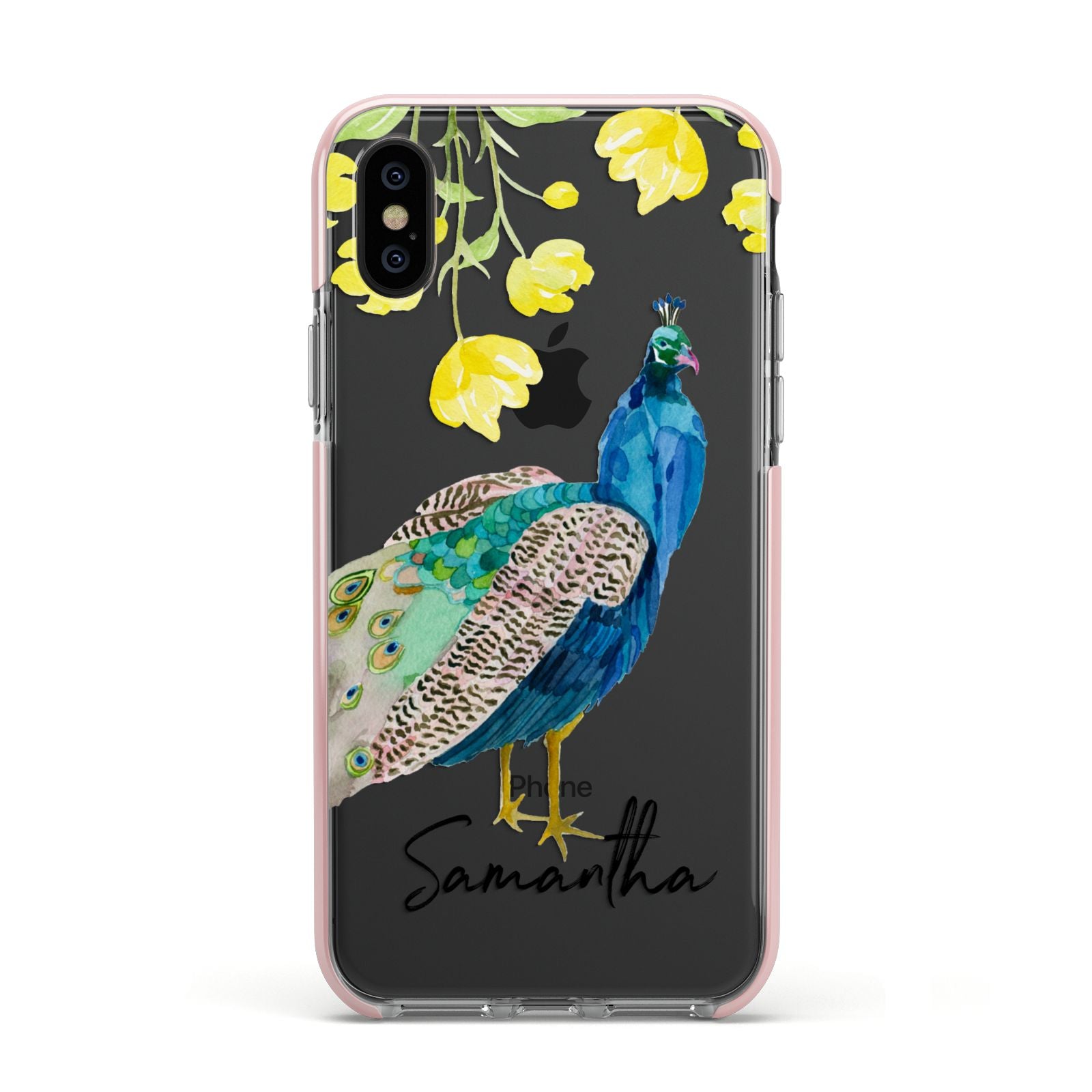 Personalised Peacock Apple iPhone Xs Impact Case Pink Edge on Black Phone