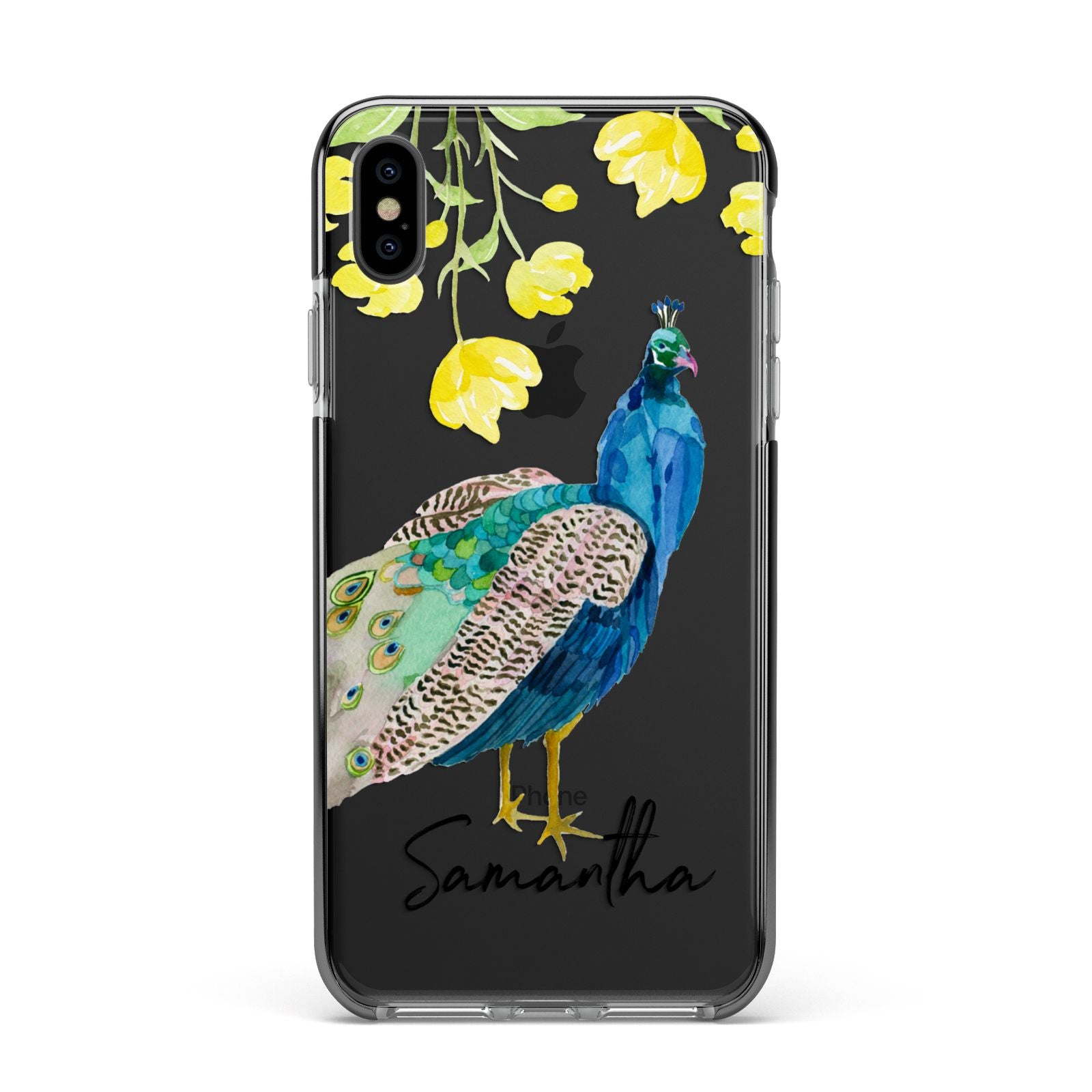 Personalised Peacock Apple iPhone Xs Max Impact Case Black Edge on Black Phone