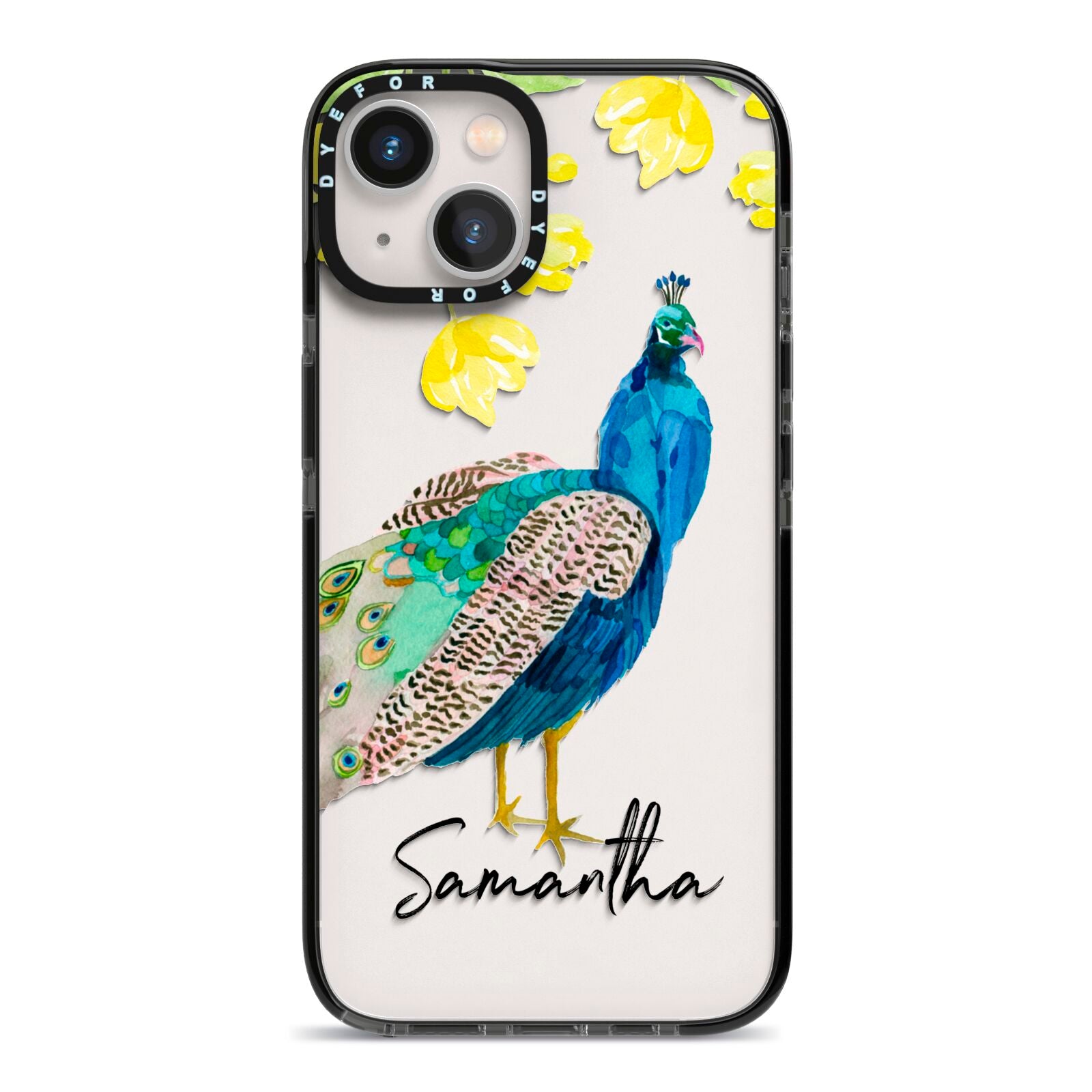 Personalised Peacock iPhone 13 Black Impact Case on Silver phone