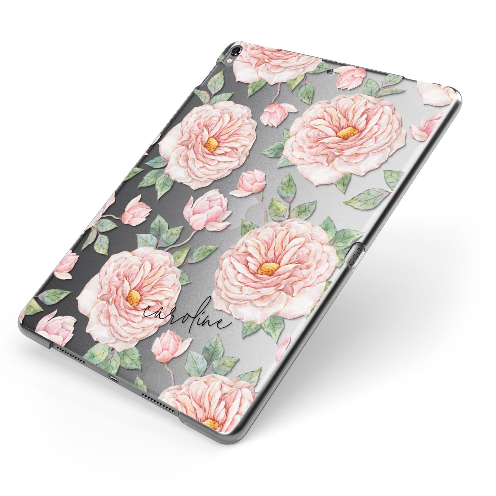 Personalised Peony Apple iPad Case on Grey iPad Side View