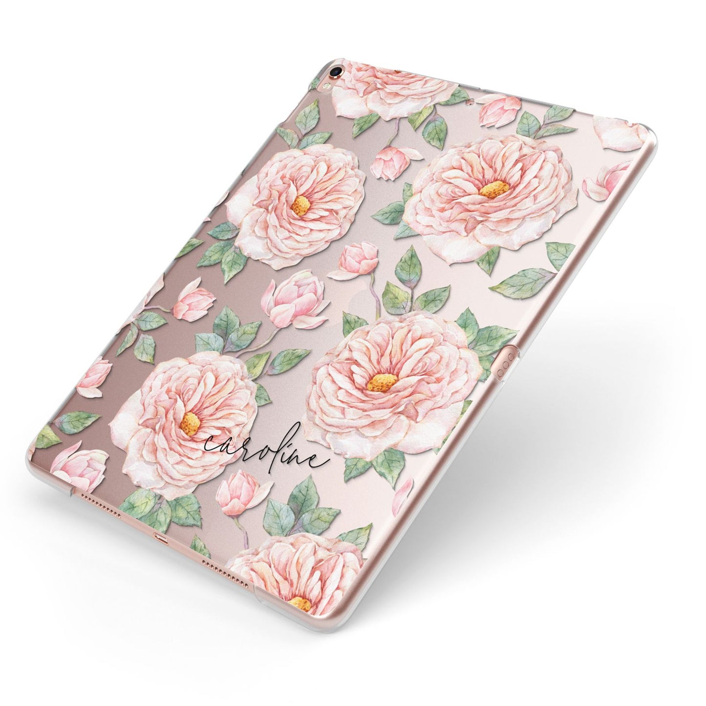 Personalised Peony Apple iPad Case on Rose Gold iPad Side View