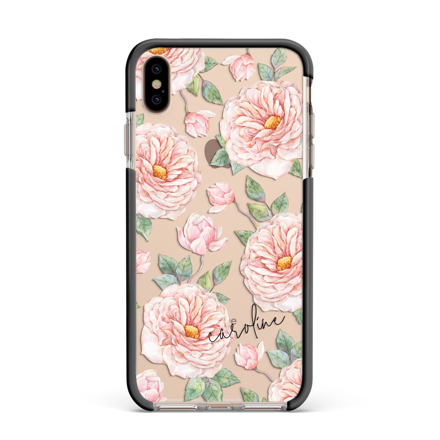 Personalised Peony Apple iPhone Xs Max Impact Case Black Edge on Gold Phone