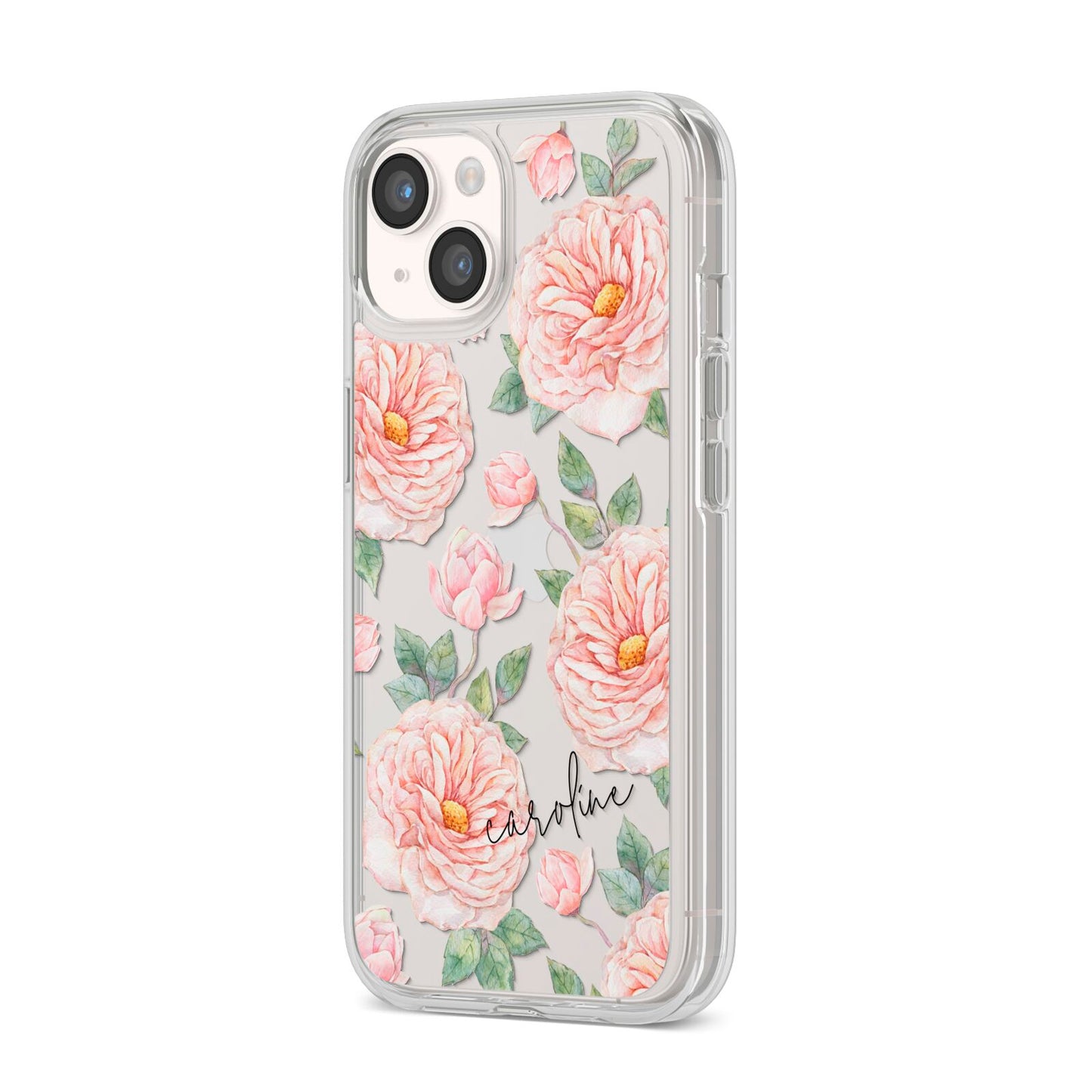 Personalised Peony iPhone 14 Clear Tough Case Starlight Angled Image