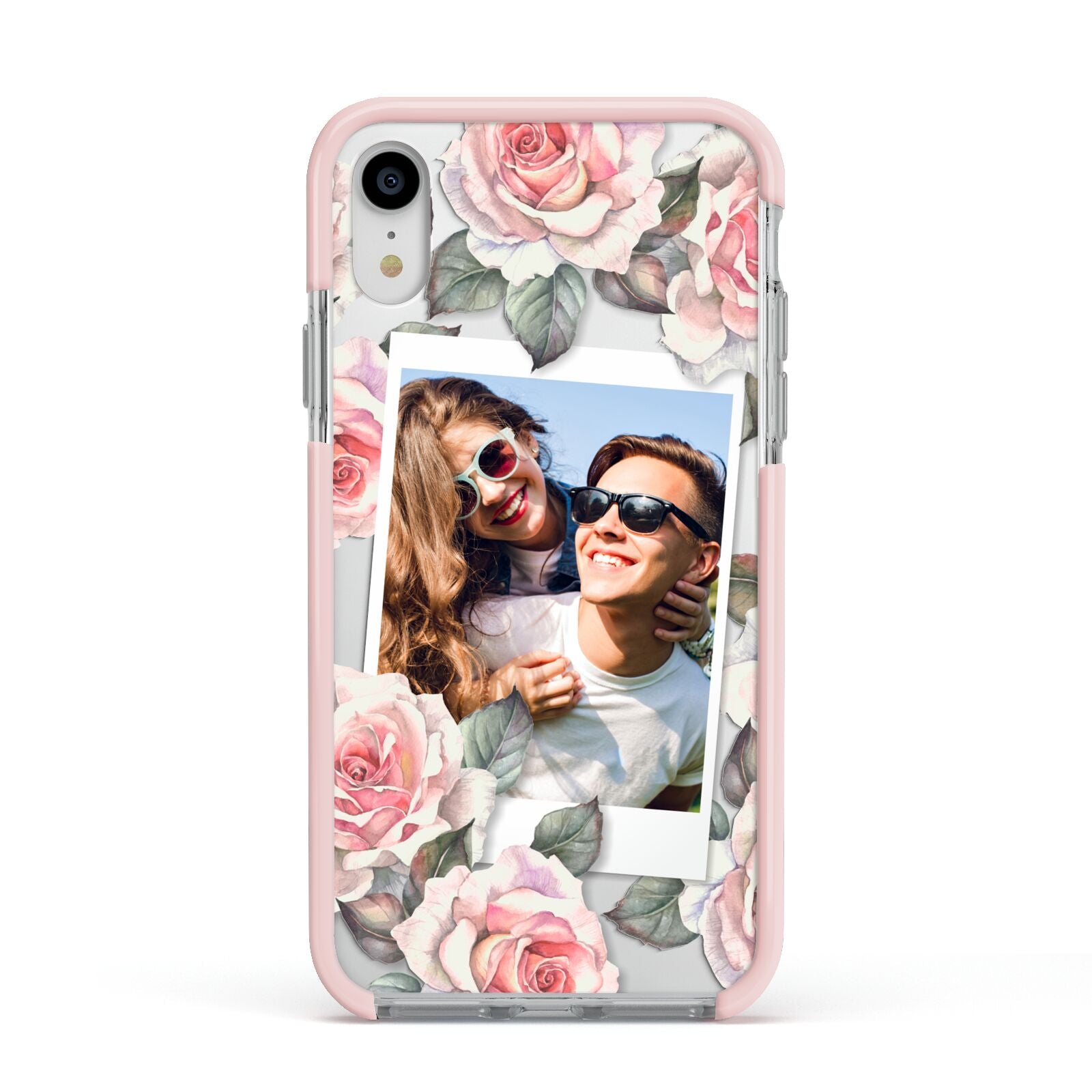 Personalised Photo Floral Apple iPhone XR Impact Case Pink Edge on Silver Phone
