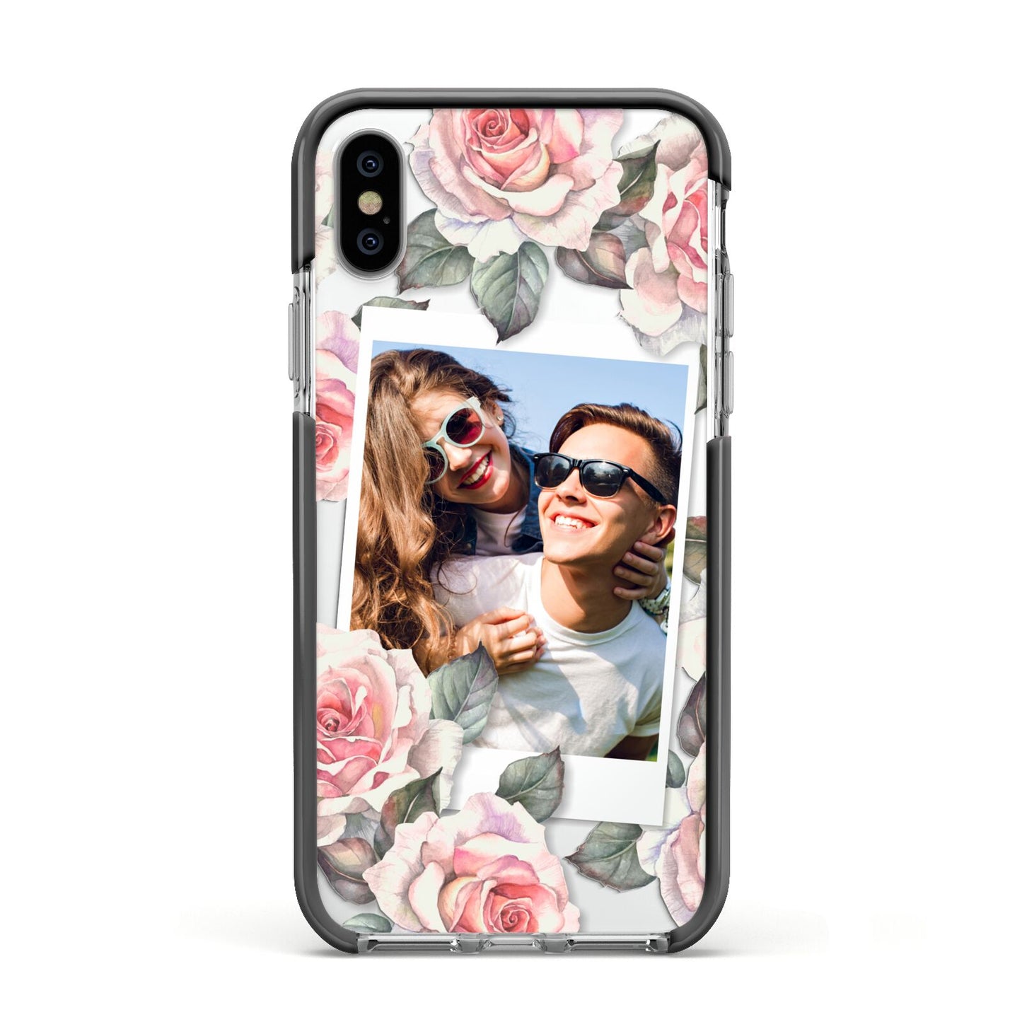 Personalised Photo Floral Apple iPhone Xs Impact Case Black Edge on Silver Phone