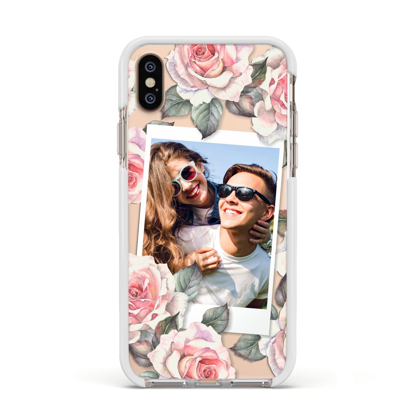Personalised Photo Floral Apple iPhone Xs Impact Case White Edge on Gold Phone