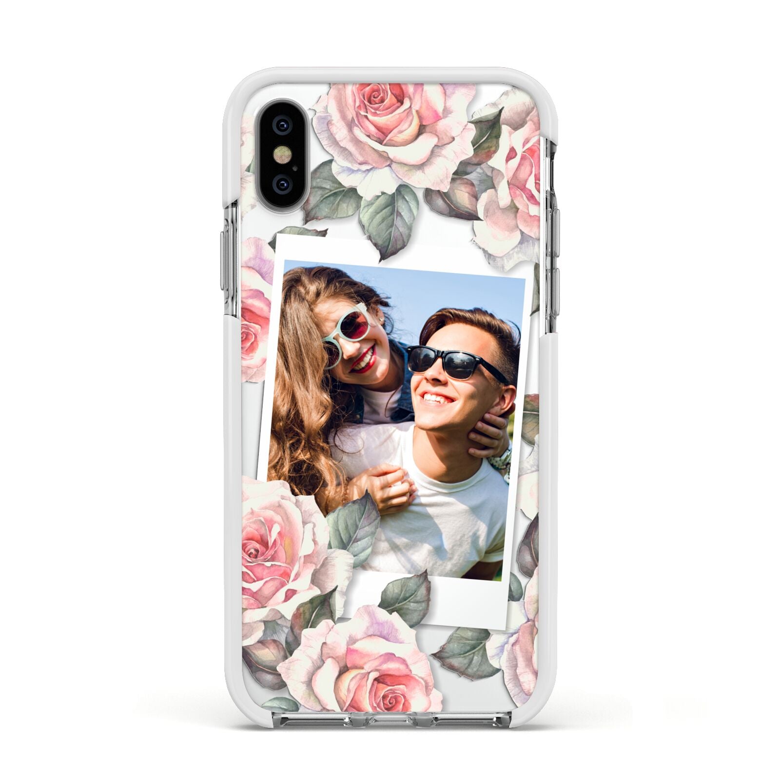 Personalised Photo Floral Apple iPhone Xs Impact Case White Edge on Silver Phone