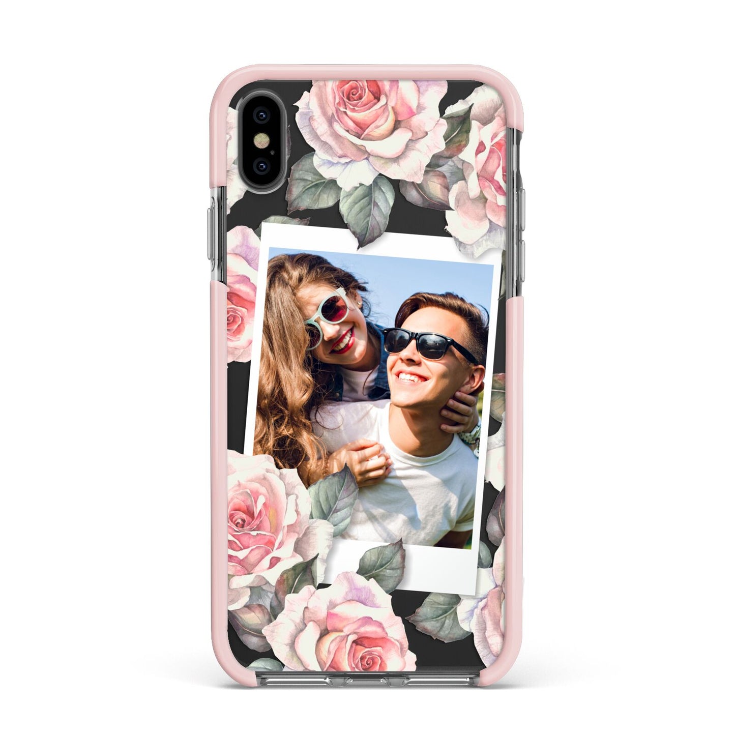 Personalised Photo Floral Apple iPhone Xs Max Impact Case Pink Edge on Black Phone