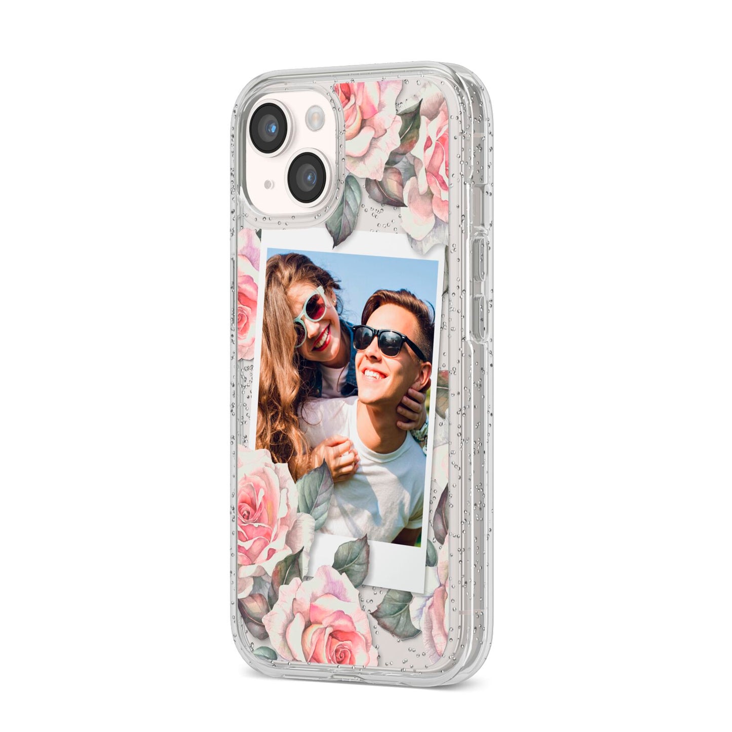 Personalised Photo Floral iPhone 14 Glitter Tough Case Starlight Angled Image