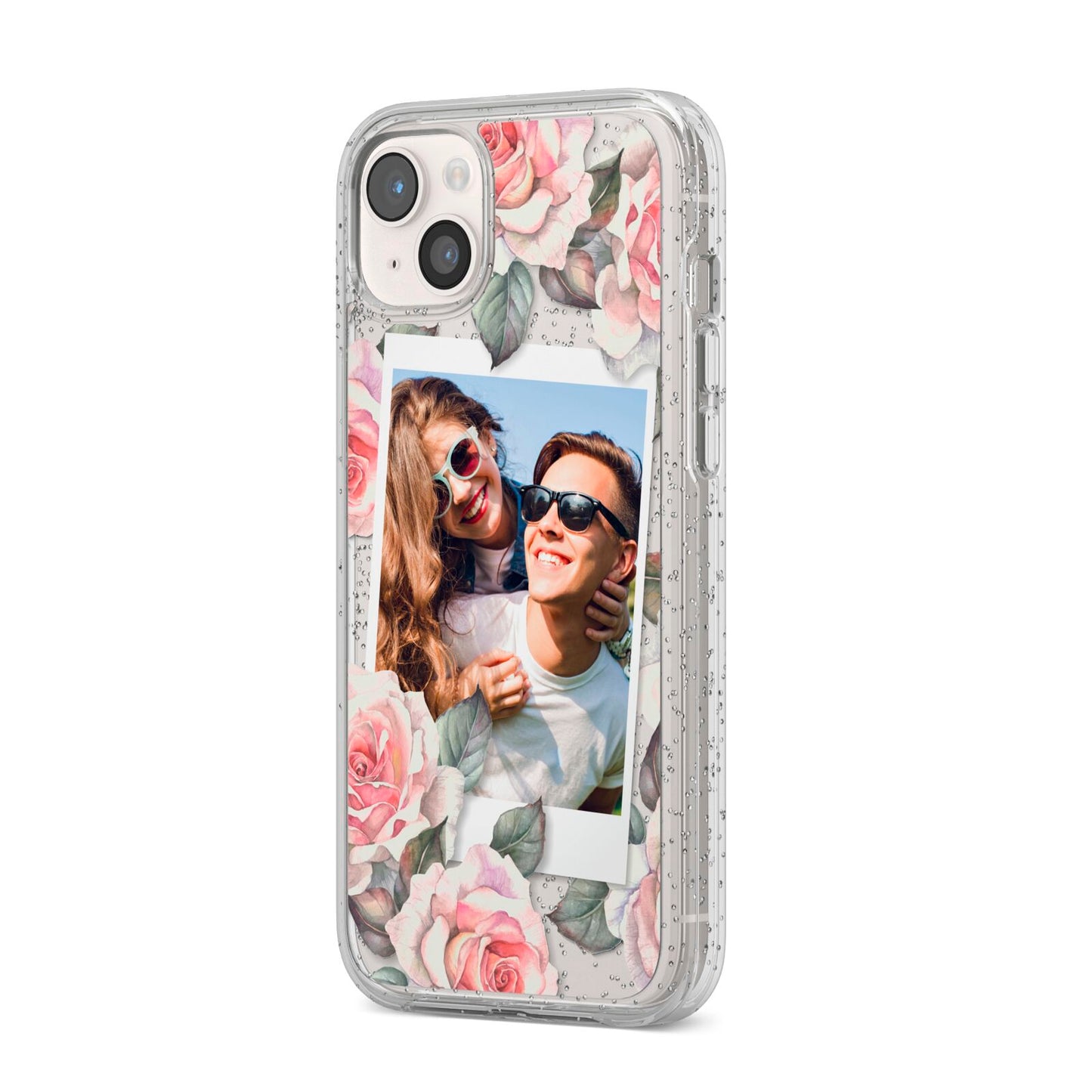 Personalised Photo Floral iPhone 14 Plus Glitter Tough Case Starlight Angled Image