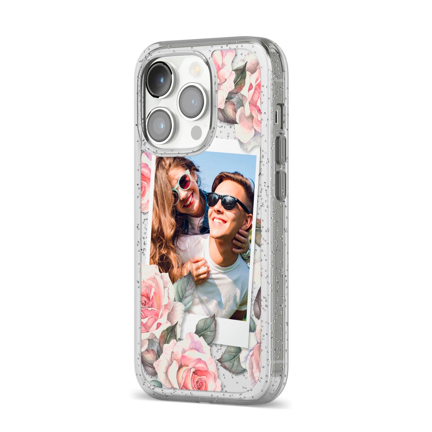 Personalised Photo Floral iPhone 14 Pro Glitter Tough Case Silver Angled Image